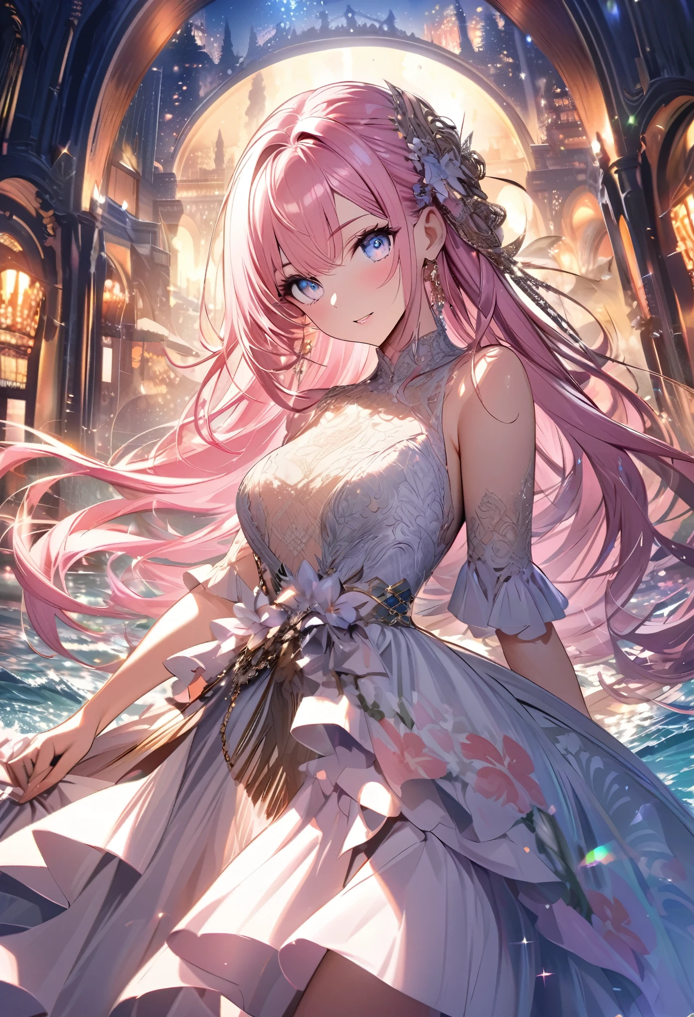``A beautiful woman with long pink hair and beautiful eyes wearing an elegant and detailed hawaiian dress.The dress must have intricate designs and patterns to give it a luxurious and luxurious feel.In the background , the image should depict a romantic Hawaiian beach at night with light reflecting off the water and an illuminated bridge across the scene, emphasizing the sparkling effects and rainbows throughout the image. Enhance your look and add special ruffles to your dress to make it stand out.”