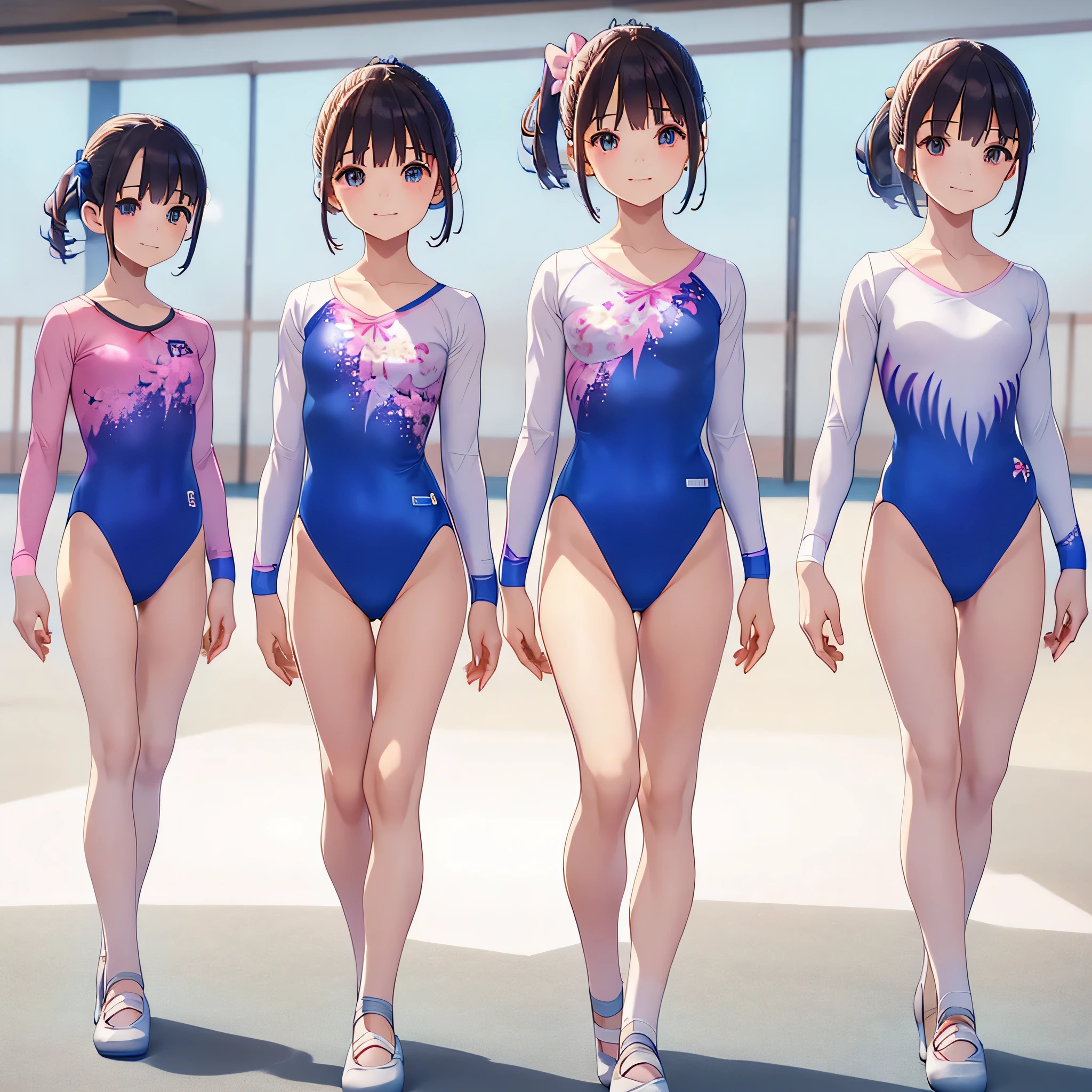 Gymnastics club,(4 girls:1.3),(long sleeves leotard:1.3),(floral print leotard:1.3),(pink and white leotard),full body, pony tail, blue ribbon, long hair, (over 16 years old, under 19 years old:1.2), ballet shoes, white background