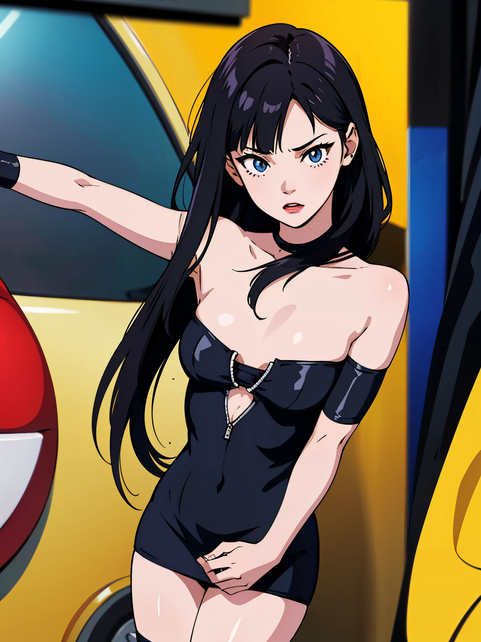 digital art drawing, illustration of (girl, long dark black hair mid part, brown eyes, sexy facial expression, flat chest, light blue corsette, single arm black sleeve, cyberpunk 2077), anime drawing/art, bold linework, illustration, digital art, masterpiece, flat illustration, no shadows, 8k resolution, high detail, vector art, only anime, perfect eyes, perfect hands, perfect fingers, sharpness, high clarity, medium close up, high fidelity