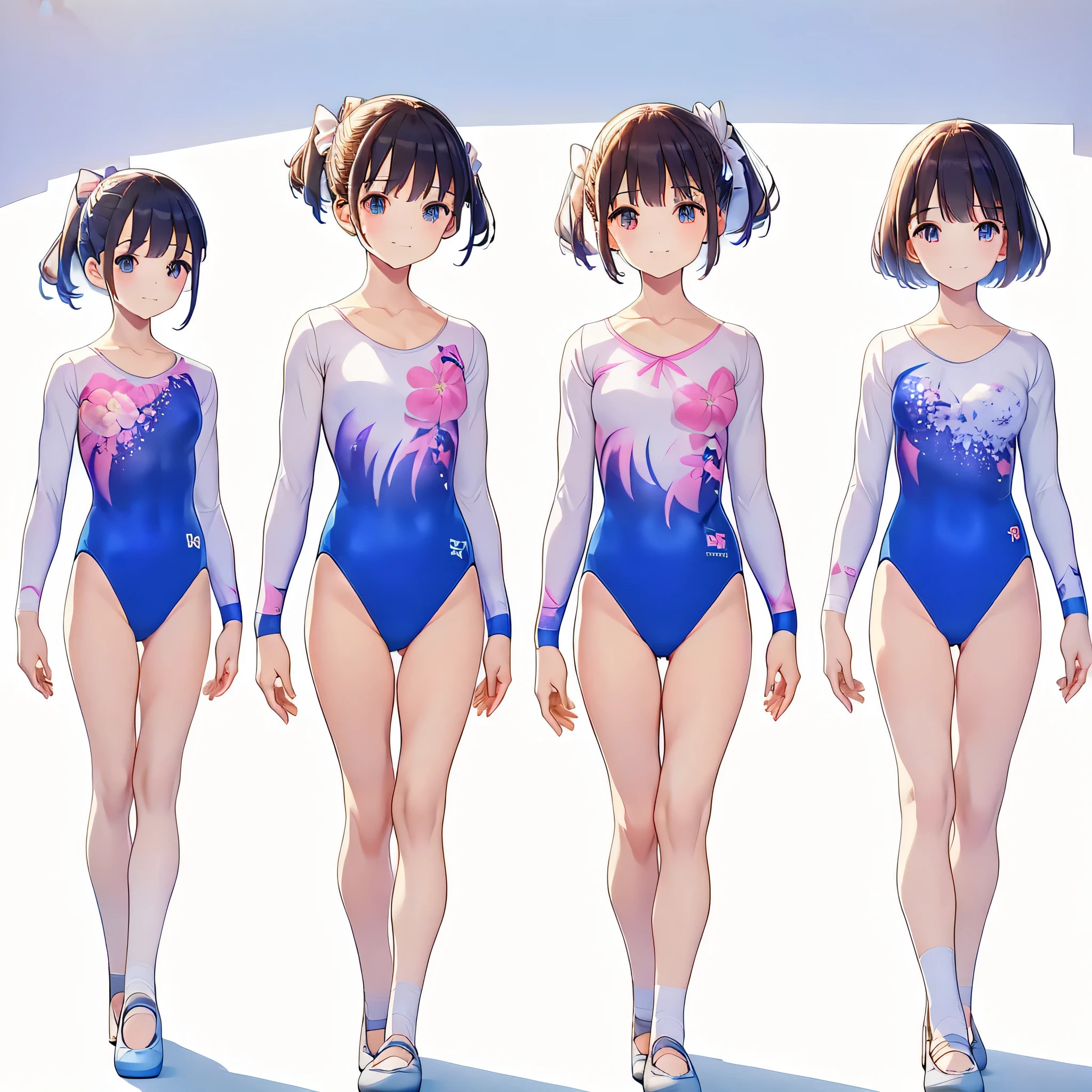 Gymnastics club,(4 girls:1.3),(long sleeves leotard:1.3),(floral print leotard:1.3),(pink and white leotard),full body, pony tail, blue ribbon, long hair, (over 16 years old, under 19 years old:1.2), ballet shoes, white background