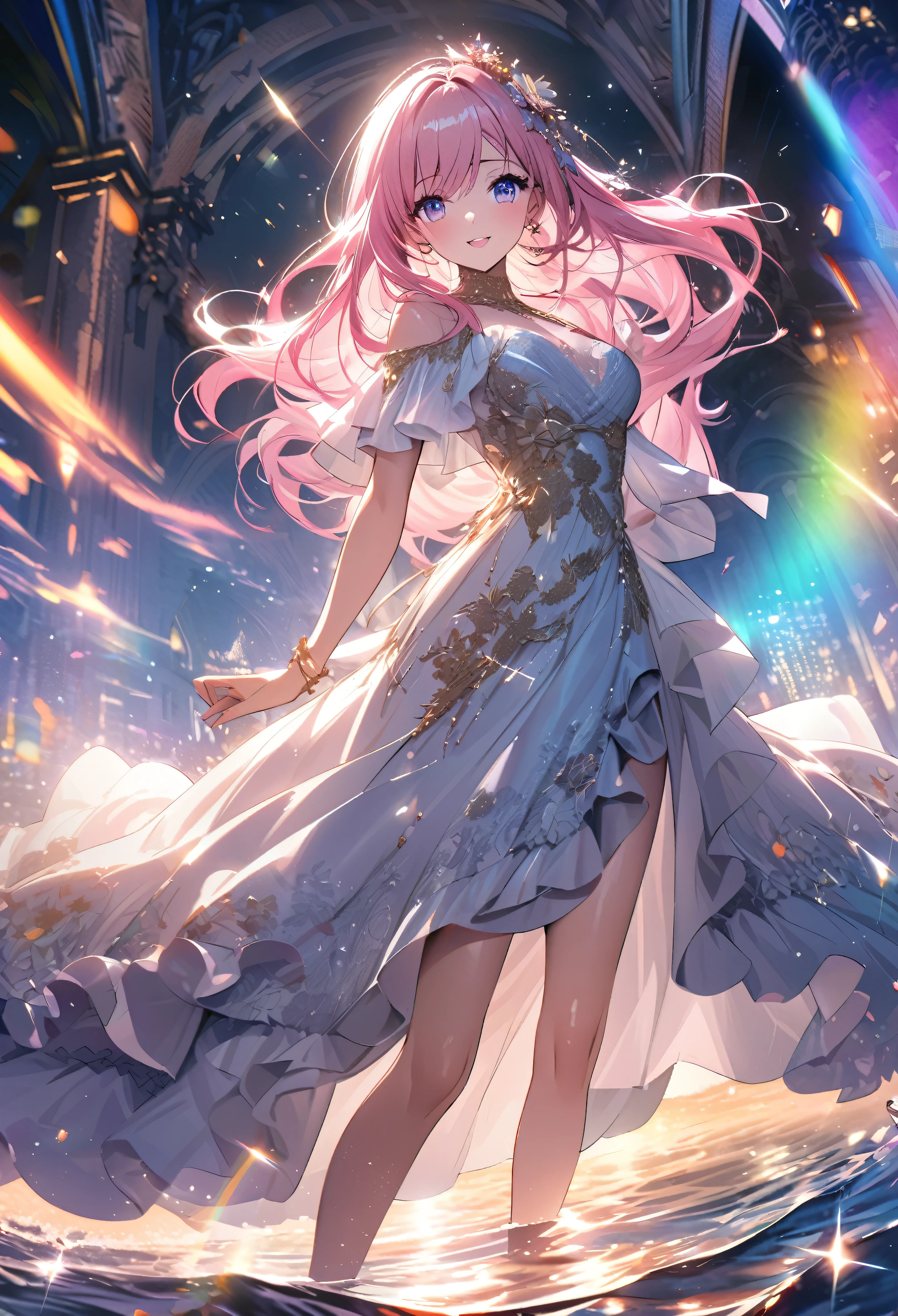 ``A beautiful woman with long pink hair and beautiful eyes wearing an elegant and detailed hawaiian dress.The dress must have intricate designs and patterns to give it a luxurious and luxurious feel.In the background , the image should depict a romantic Hawaiian beach at night with light reflecting off the water and an illuminated bridge across the scene, emphasizing the sparkling effects and rainbows throughout the image. Enhance your look and add special ruffles to your dress to make it stand out.”