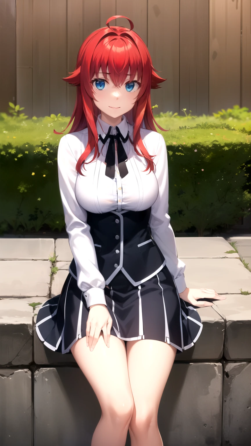 mejor calidad, Obra maestra, detallado,
riasgremory,
1 chica, boca cerrada, sonrisa, rubor,
cabello rojo, pelo largo, blue eyes, ahogo,
, camisa de rayas, cinta para el cuello, lazo negro, black corset, falda morada, pechos enormes,
de pie, mirando al espectador,
adentro, Castillo