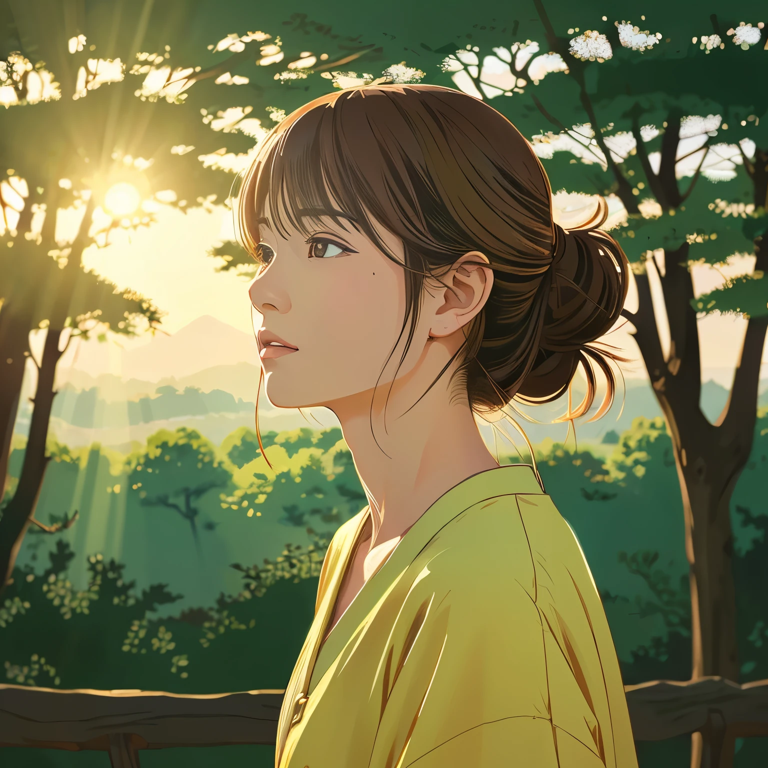 Illustration style、Ukiyo-e、Showa Anime、Woman looking this way、Japanese、The morning sun is shining in the background、Makoto Shinkai style、May、I can see a forest in the distance、 (highest quality, Ultra-detailed, Portraiture, Natural light)