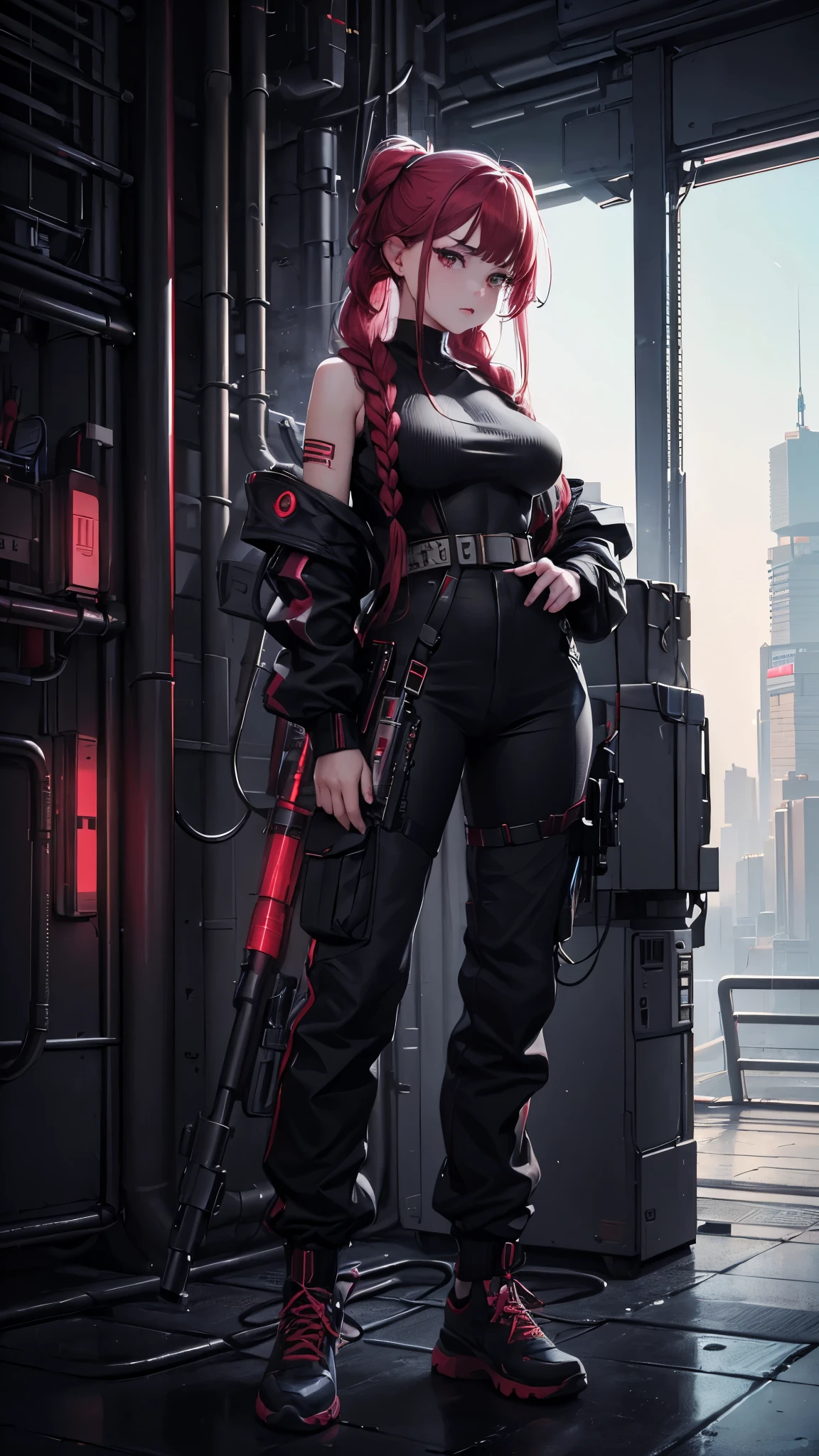 (absurdres, highres, ultra detailed), (1girl:1.3), red and white braided hair, sensual gesture, suggestive pose, cables on her body, with a futuristic bazooka, blue and black pixelated camouflaged cyberpunk cargo pants, cyberpunk vest, spots black on the body, full body focus.
