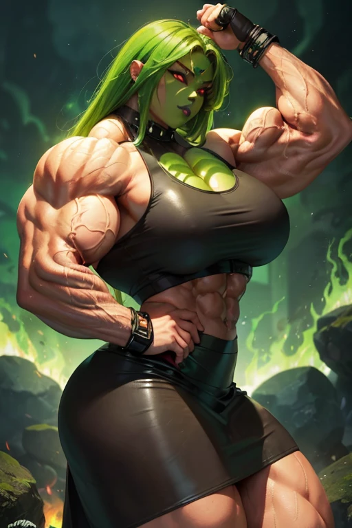 ((((Massive, beautiful, buff, light brown skinned, muscular woman with green hair, black lipstick, glowing red eyes, ginormous bulky muscles, and wearing a black leather sports bra with loose skirt)))), close view, massive muscles, massive biceps, hyper muscle triceps, (curvy long hair), orange eyes, (studded wristband), (loose skirt), high heels boots, (in a sea of green flames), surrounded by green fire, night, smirk, hyper muscles arms, hyper muscle legs, massive arms.