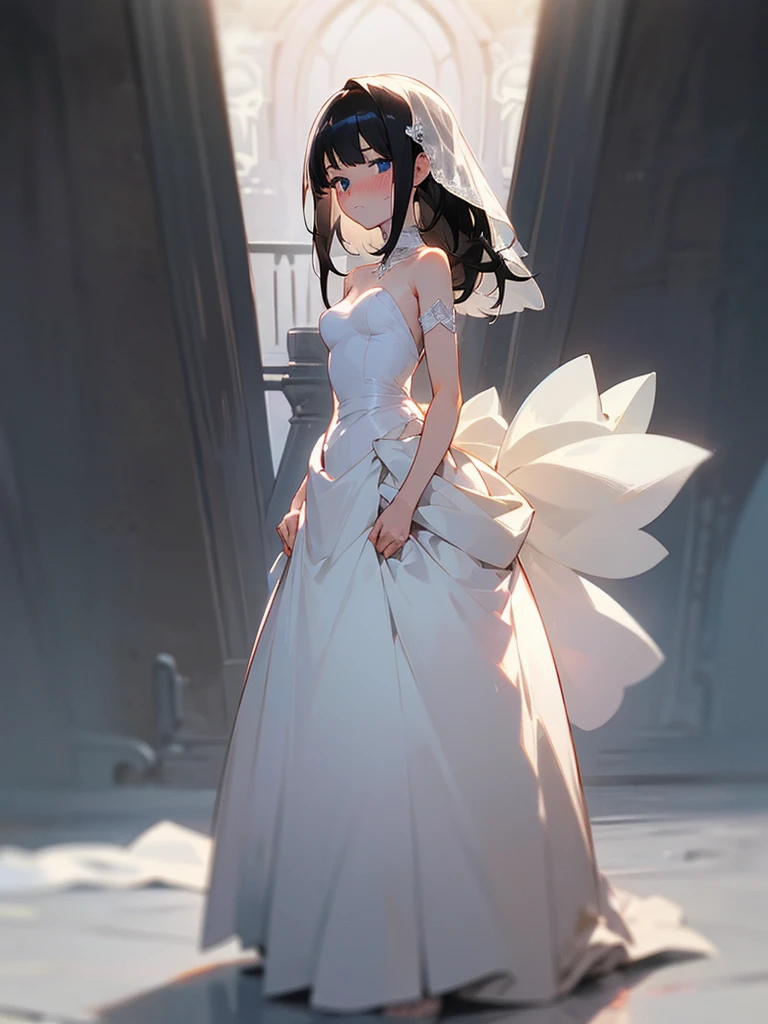 2girls, girl1:(white hair, short hair, blue eyes, shy, blush, small breasts), girl2:(black hair, black eyes, long hair, unhappy, medium breasts), wedding dresses, ballroom, masterpiece, beautiful face, detailed eyes, clean fingers, standing upright, detailed background, full body, standing upright