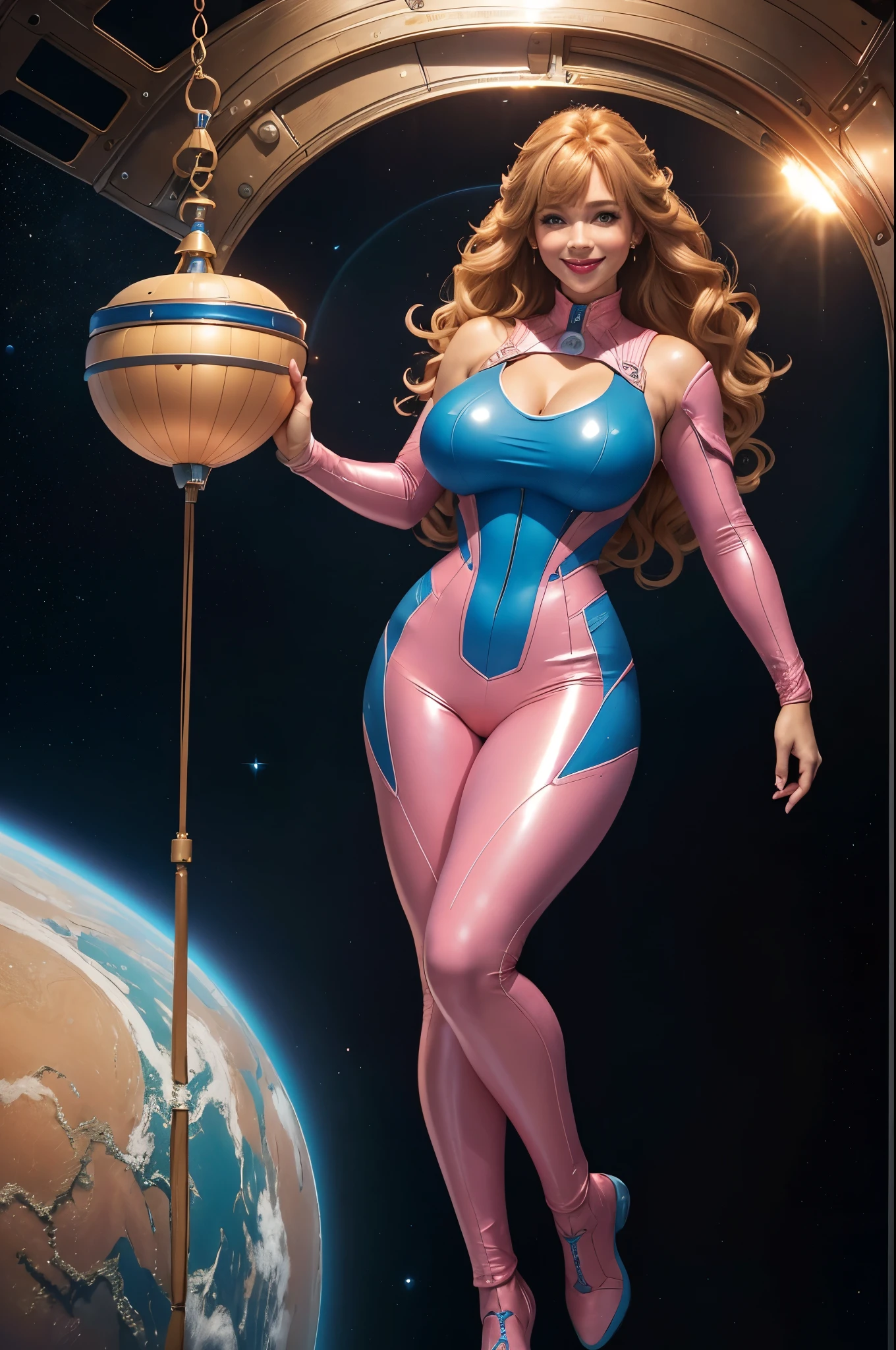 Queen Elsa, 27 years old, full body shot, Beautiful woman (((shoulder length wavy caramel blonde hair))) (bangs:1.2) defined body, Red lipstick, smiling, hands free, standing, (huge_breasts:1.1) (( pink and blue skin tight spacesuit )), on a space station orbiting earth, (curvy:1.0)