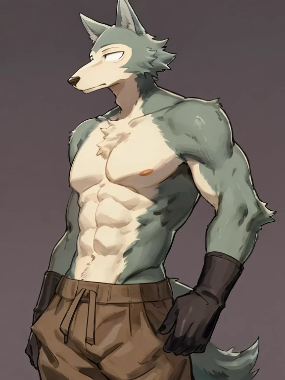 By Buta99, by Bebebebebe, anthropomorphic wolf, furry, beastars, Legoshi, shirtless, topless, muscles, muscular, fit body, visible abs, visible biceps, soft fur, calm facial expression, dark background, Clear and soft lighting, brown trousers, black boots, black gloves, brown baggy pants, brown baggy trousers, high quality, 4k, Ultra HD, serious expression, serious, tried expression, posing, dynamic pose, sexy pose, fluffy body, fluffy shoulders, fluffy chest, fluffy arms, fluffy torso, chest tuft, chest fluff, fluffy armpits,