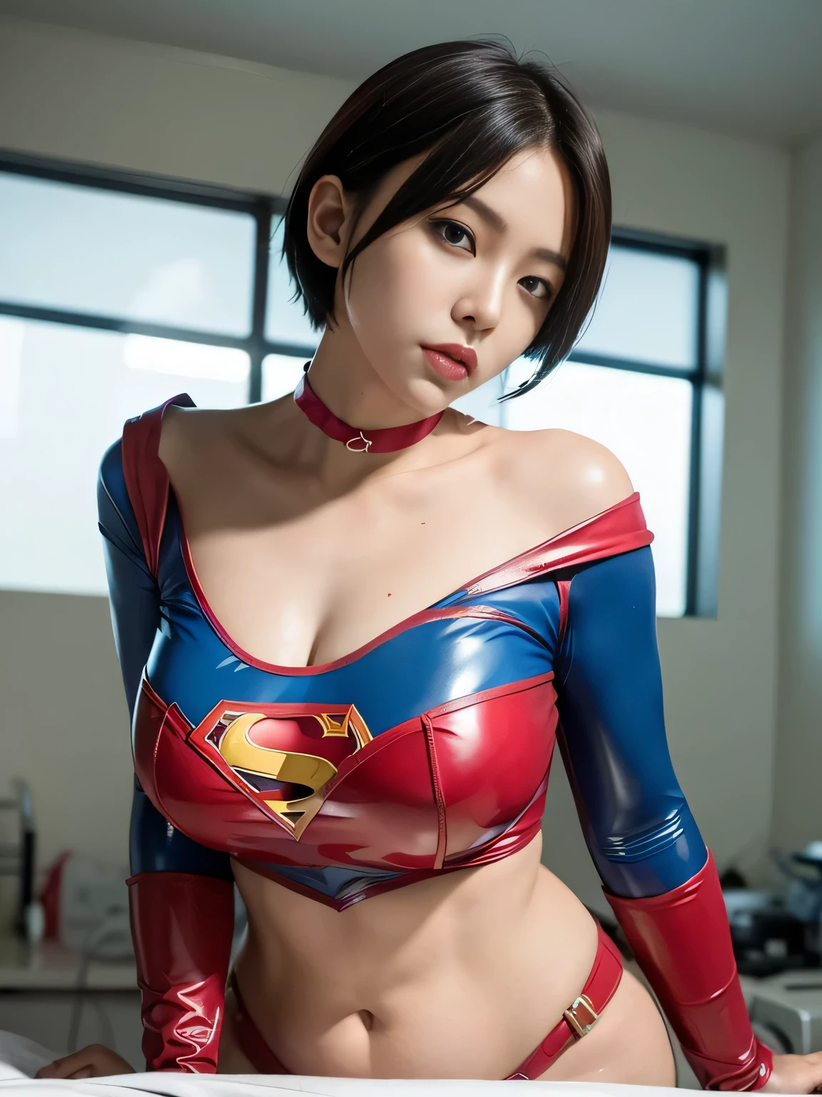 masterpiece、Enamel Supergirl Costume、Short Hair、Hospital operating table、Crisis situation、Big and ample breasts、looking at the camera、Shiny、Off the shoulder、choker、Long sleeve、Red exy poses to seduce、Sweaty、Model Body Type、Alluring、charm、Enchanting、Abused、test subject、victim、Wild、Photorealistic、latex、