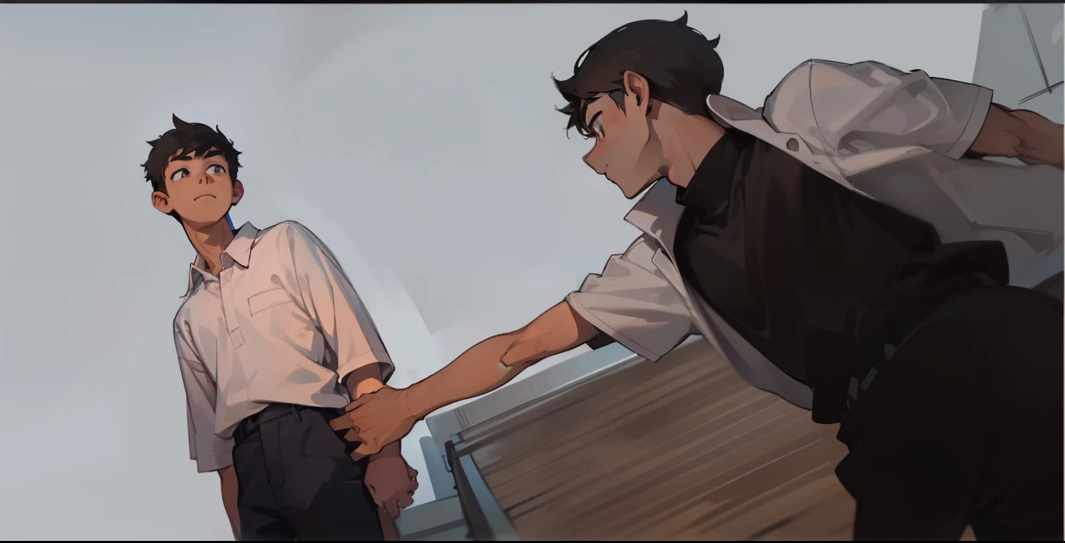 cute 17 year old man standing sad and watching as his friend saves him stretches out his arm to reach him