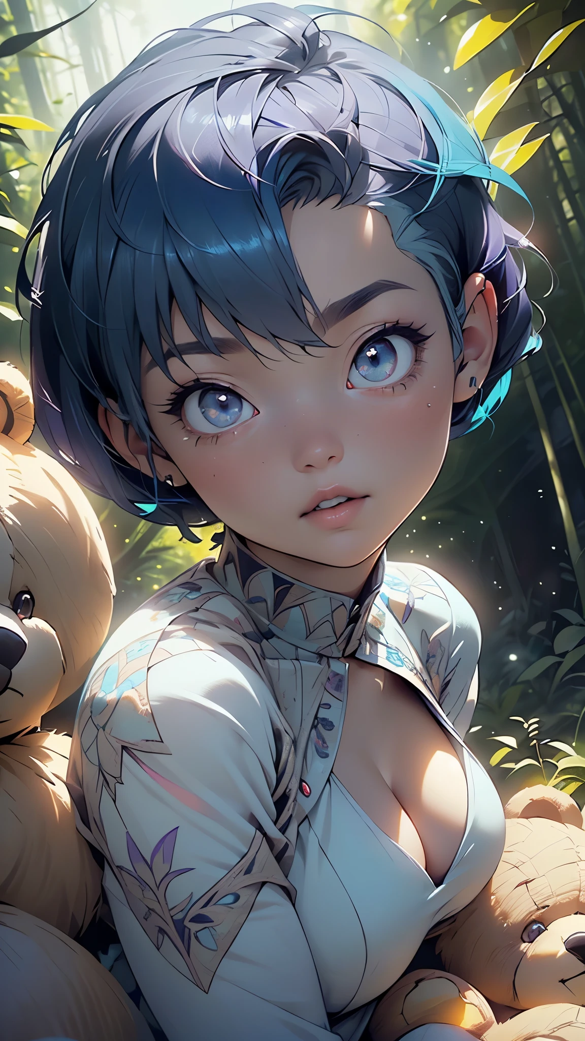 girl,1girl,((extremely cute and beautiful light blue haired girl)),((())),(large breasts:1.2),((((light blue hair:1.35,((short pixie cut Hair, undercut hair: 1.28),r),bright blue hair,iridescent colors blue and purple glowing colors,colored inner hair)))),((purple_eyes:1.5)),glowing eyes,intricate eyes,beautiful detailed eyes,symmetrical eyes,Big eyes:1.5,((fat)),(((lustrous skin:1.5,bright skin: 1.5,skin tanned,shiny skin,very shiny skin,shiny body,plastic glitter skin,exaggerated shiny skin,illuminated skin))),(spider lower abdomen,narrow waist,wide hip,athletic body,inflated legs,thick thighs,detailed body,(detailed face)),
cute,slutty,seductive,erotic,(nsfw),girlfriend, pretty,
zettai ryouiki,(wearing cozy pijamas:1.5,blue pijamas),blushing, shyness, clavicle, abs,(((Show cleavage))),(((light blue outfit, light blue clothes,intricate outfit,intricate clothes))),((magic dust particles around him:1.5,hug a teddy bear:1.5)),
(dynamic pose:1.0),drinking hot chocolate,(centered,scale to fit dimensions,Rule of thirds),
((pine forest)),scenery:1.25,((intricate scenery)),((forest background)),
(Glossy winter ornaments),highres,sharp focus,(ultra detailed,extremely detailed),(photorealistic artwork:1.37),(extremely detailed CG unity 8k wallpaper),(((vibrant colors,vibrant theme))),(intricate),(masterpiece),(best quality),artistic photography,(photography taken by sldr),(intricate background),perfect rendered face,perfect face details,realistic face,photo realistic,((intricate detail)),(((realism))),