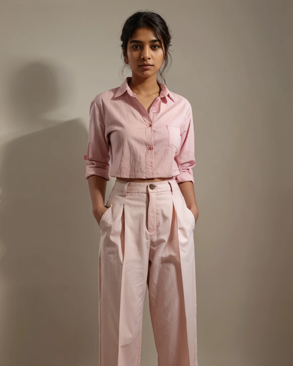 Tanvi in a pink button-down shirt tucked into a pair of high-waisted, wide-legged trousers. Realistic, best quality image. 