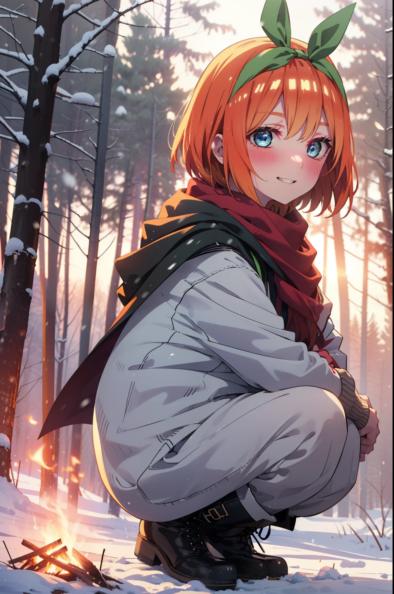 yotsubanakano, Yotsuba Nakano, bangs, short hair, blue eyes, Hair between the eyes, hair ribbon, hair band, Orange Hair, (Green ribbon:1.5), smile, Grin,smile,blush,White Breath,
Open your mouth,snow,Ground bonfire, Outdoor, boots, snowing, From the side, wood, suitcase, Cape, Blurred, Increase your meals, forest, White handbag, nature,  Squat, Mouth closed, フードed Cape, winter, Written boundary depth, Black shoes, red Cape break looking at viewer, Upper Body, whole body, break Outdoor, forest, nature, break (masterpiece:1.2), highest quality, High resolution, unity 8k wallpaper, (shape:0.8), (Beautiful and beautiful eyes:1.6), Highly detailed face, Perfect lighting, Extremely detailed CG, (Perfect hands, Perfect Anatomy),