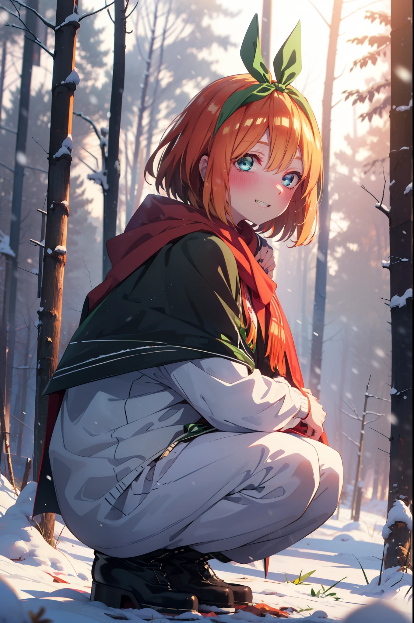 yotsubanakano, Yotsuba Nakano, bangs, short hair, blue eyes, Hair between the eyes, hair ribbon, hair band, Orange Hair, (Green ribbon:1.5), smile, Grin,smile,blush,White Breath,
Open your mouth,snow,Ground bonfire, Outdoor, boots, snowing, From the side, wood, suitcase, Cape, Blurred, Increase your meals, forest, White handbag, nature,  Squat, Mouth closed, フードed Cape, winter, Written boundary depth, Black shoes, red Cape break looking at viewer, Upper Body, whole body, break Outdoor, forest, nature, break (masterpiece:1.2), highest quality, High resolution, unity 8k wallpaper, (shape:0.8), (Beautiful and beautiful eyes:1.6), Highly detailed face, Perfect lighting, Extremely detailed CG, (Perfect hands, Perfect Anatomy),