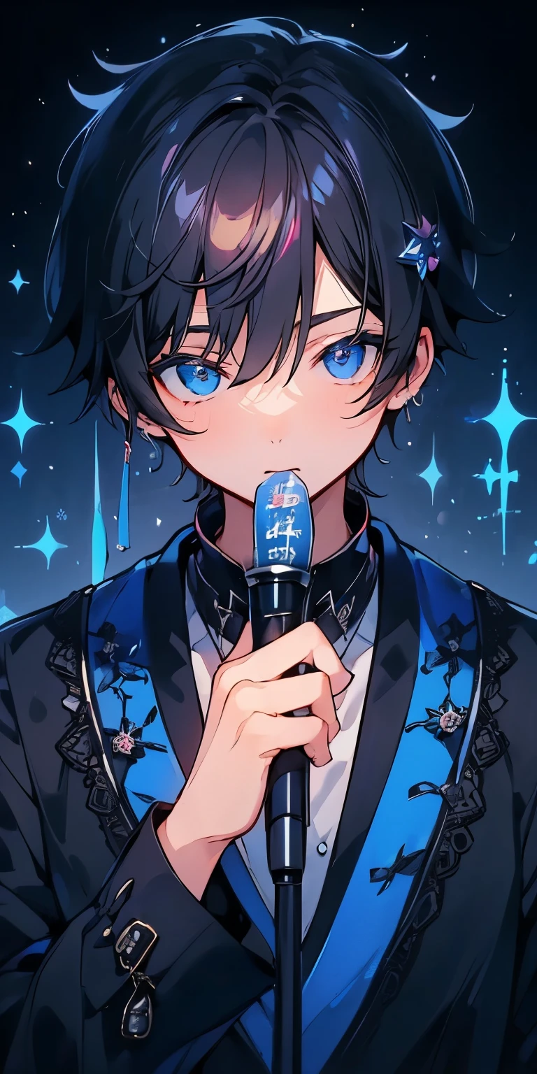 (Mastepiece), (Best Quality), Very detailed, ((1 boy)), Perfect Face, Beautiful Face, Very detailedな顔,((Black Hair_Blue eyes:1.3)),Male solo idol、microphone