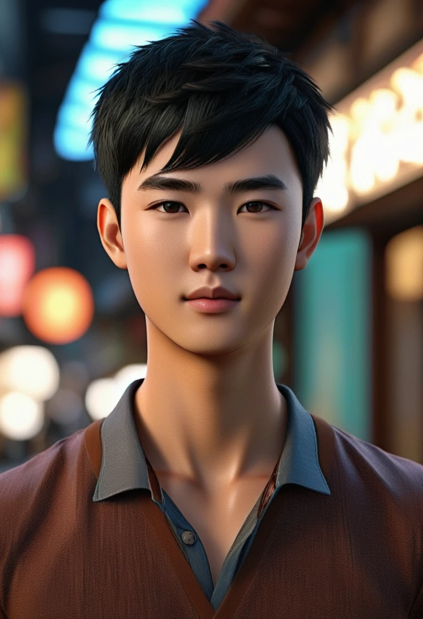 (best quality,highres,ultra-detailed,physically-based rendering:1.2),3D Avatar of a handsome Asian boy with clean-cut short black hair. His facial features are delicate and well-proportioned, with a gentle gaze. His skin is smooth and has a natural complexion. He is dressed in a modern casual style, with a harmonious color palette. The avatar is rendered with realistic textures and high resolution, showcasing intricate details for utilization in the digital realm.