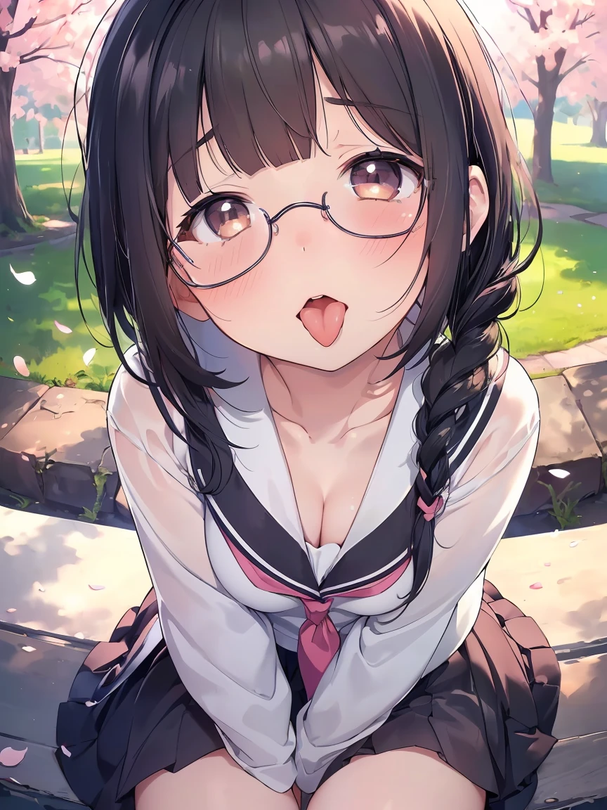 Very detailed, highest quality, High resolution, Moe Anime, ((A cute elementary school girl with black hair and droopy eyes leans forward)), ((Wearing large round glasses:1.4)), (Baby Face), Cute eyes, Detailed eye depiction, Sparkle in the eyes, View your viewers, Pale skin, (Big eyes:1.4, Droopy eyes:1.4, Fatty face:1.4), smile, Focus on the face, In the park with cherry blossoms falling, Sitting, (Face close-up:1.4), (((From above))), Open your mouth, (((Face only:1.3))), Light from the front, (Put your hands between your legs:1.4), (large and long tongue), (Extreme close up of tongue:1.2), Cleavage