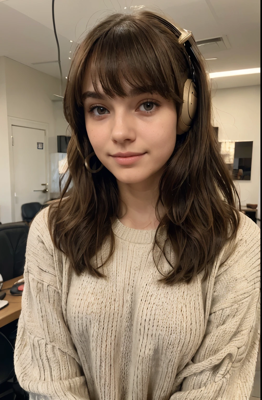 Beautiful brunette with blonde reflections ina beige sweater, 16 years old, wavy and messy hair, hair with bangs that covers the forehead, a subtle flirtatious smile, perfect face, smooth and detailed skin, fine nose, fine eyebrows, seductive eyes, With gaming headsets