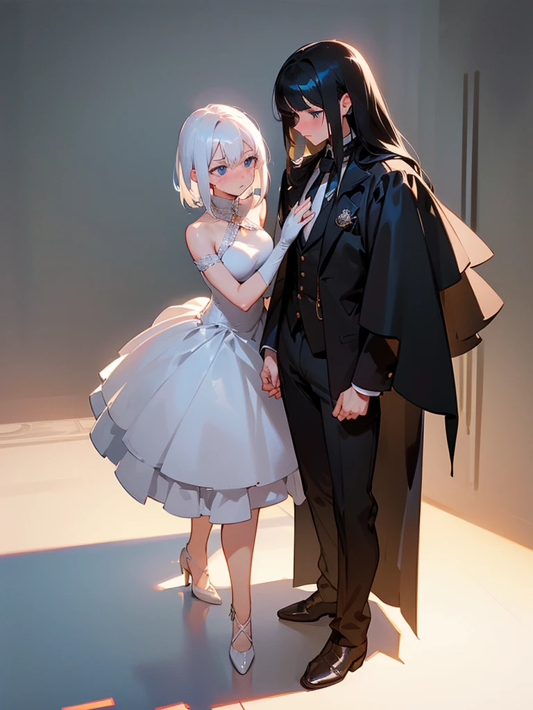 2girls, girl1:(white hair, short hair, blue eyes, shy, blush, small breasts), girl2:(black hair, black eyes, long hair, unhappy, medium breasts), wedding dresses, ballroom, masterpiece, beautiful face, detailed eyes, clean fingers, standing upright, detailed background, full body, standing upright