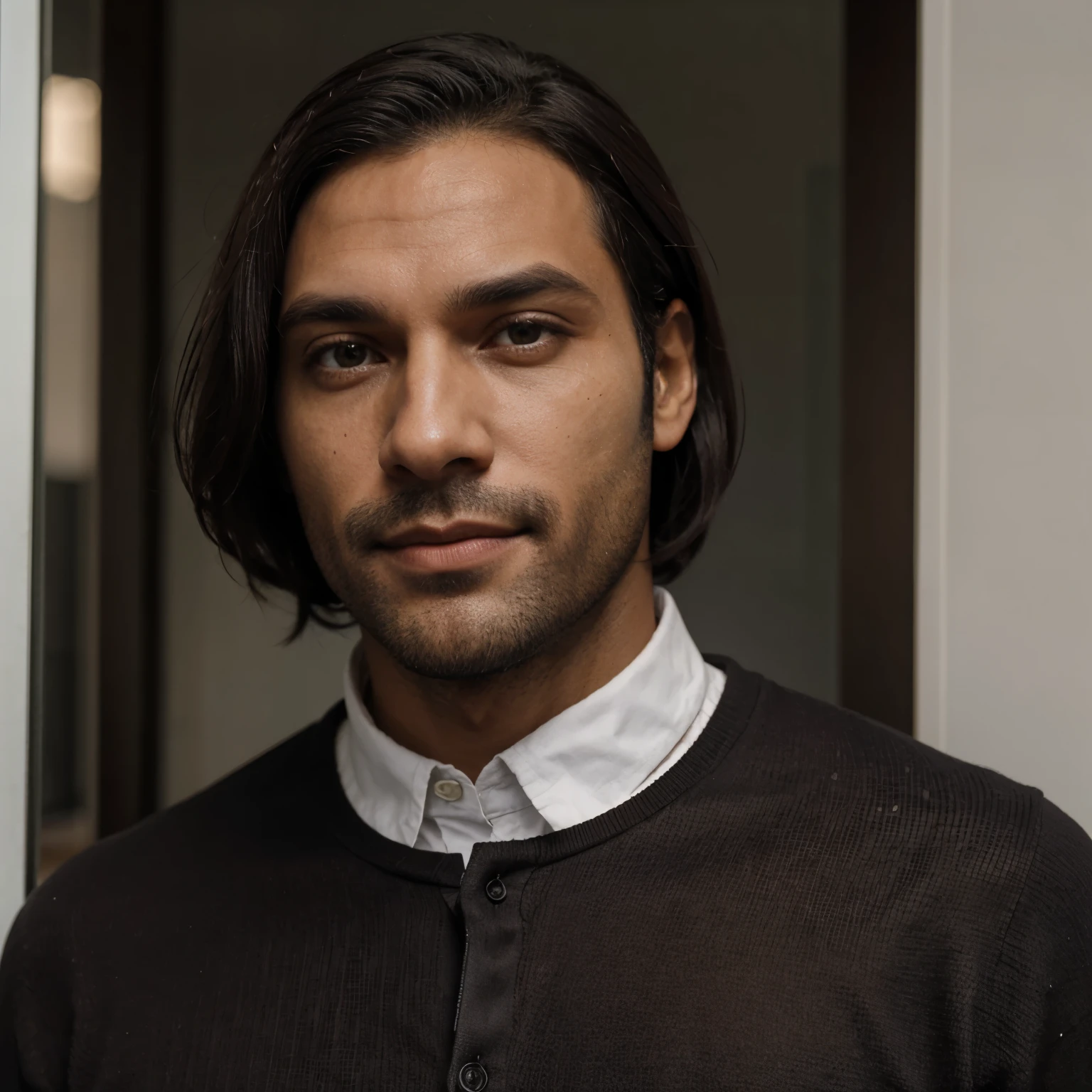 Um homem de meia idade，cabelo preto, olhos preto ，Individual，de roupa branca 