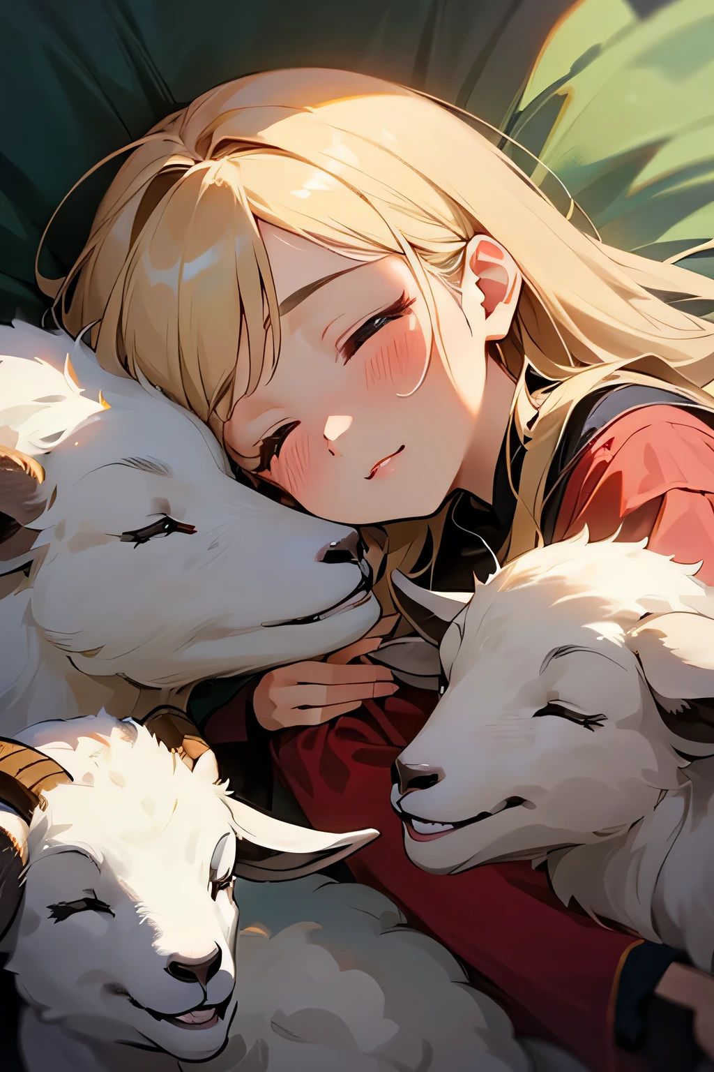 highest quality、High resolution、Detailed Background、(Beautiful face in every detail:1.4)、Anatomically correct、(Draw the usual number of fingers:1.2)、(Detailed facial expressions)、Beautiful women in their 20s、(Highly detailed face:1.4)、Feeling warmth and happiness、Adorable moments between people and animals、A field with a blue sky、
(A beautiful woman and a baby goat are sleeping together, sharing a sense of security and love with each other.:1.5)、
Lying on the lap of a beautiful woman、
That is soft、The fluffy fur brings comfort to the little girl's hands every time it touches them.、
The beautiful girl rests her head on the baby goat's belly and slowly falls asleep, feeling safe and secure.、
The wind blows gently、Flowers around々is swaying gracefully、
In this tranquil setting, the beautiful girl and the baby goat share a comfortable warmth and bond.