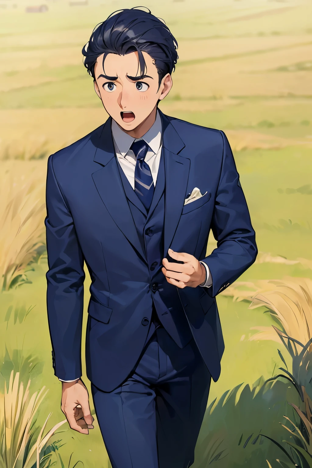 ((best quality)), ((masterpiece)), ((detailed)), (((perfect face))), (((30yo man in navy blue suit))), (((surprised:1.5))), (((grass field))), (((walking))), (((big wide eyes)))