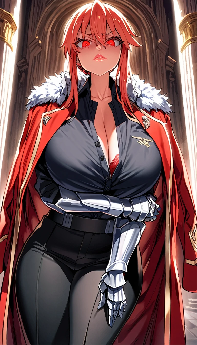 artoria_pendragon_(lancer)_(fate) \(fate/grand_order\), \(fate/grand_order \), 1girl, mature_female, (red hair, red eyes), fair skin, thick lips, masterpiece, best quality, highres, huge breasts, red bra, (bra peek), looking at viewer, disgust, cleavage, collarbone, unbuttoned shirt, black shirt, (black military uniform), (red_military_jacket), jacket_on_shoulders, black pants, gauntlets, posing, throne room, backlighting