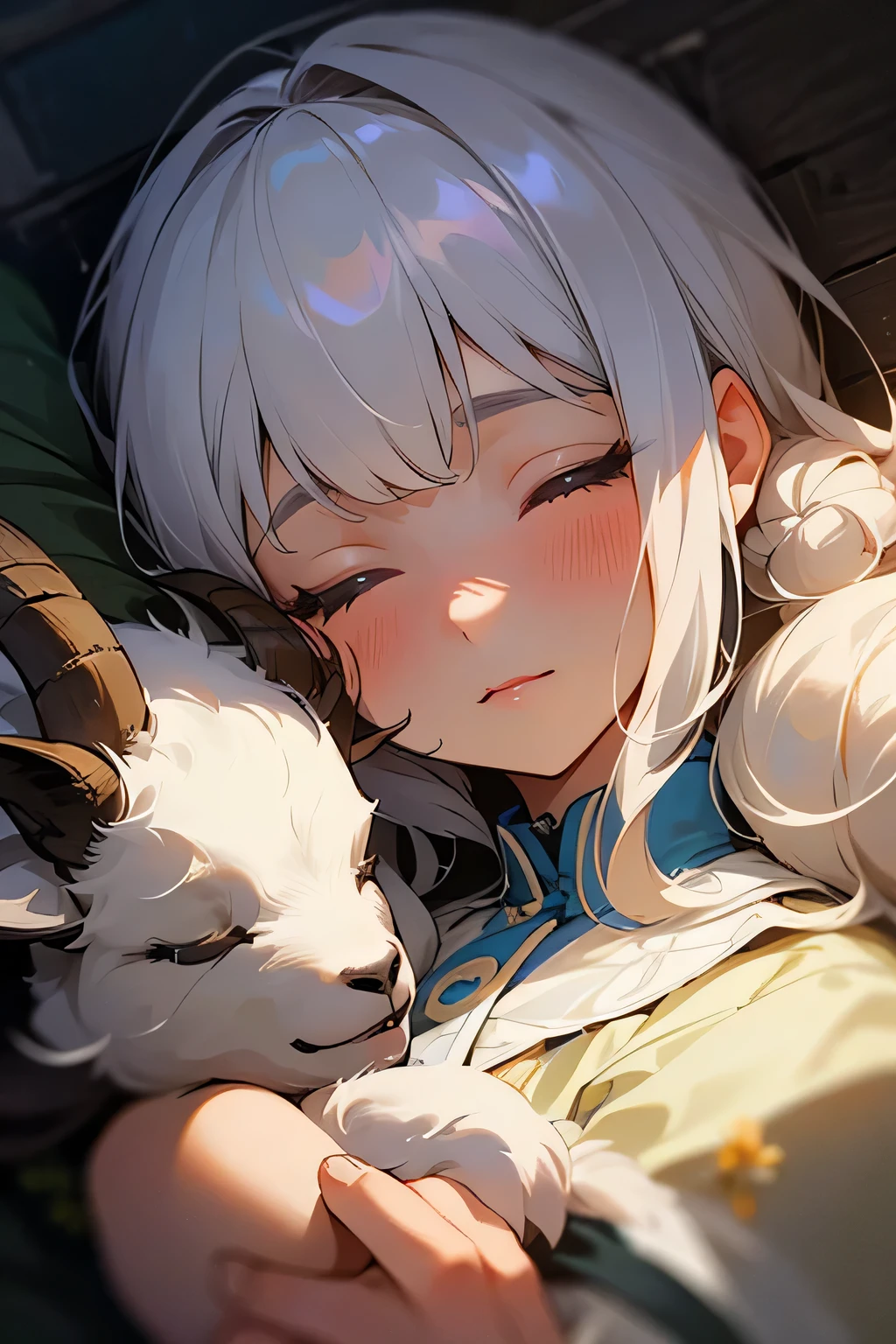 highest quality、High resolution、Detailed Background、(Beautiful face in every detail:1.4)、Anatomically correct、(Draw the usual number of fingers:1.2)、(Detailed facial expressions)、Beautiful women in their 20s、(Highly detailed face:1.4)、Feeling warmth and happiness、Adorable moments between people and animals、A field with a blue sky、

(A beautiful woman and a baby goat are sleeping together, sharing a sense of security and love with each other.:1.5)、

Lying on the lap of a beautiful woman、
That  is soft、The fluffy fur brings comfort to the little girl's hands every time it touches them.、
The beautiful girl rests her head on the baby goat's belly and slowly falls asleep, feeling safe and secure.、
The wind blows gently、Flowers around々is swaying gracefully、
In this tranquil setting, the beautiful girl and the baby goat share a comfortable warmth and bond.