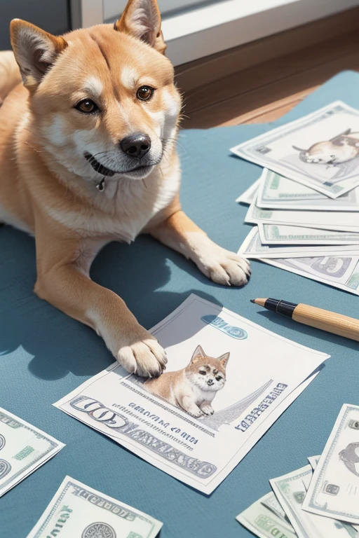 Design de uma nota de papel, create a drawing of a paper bill for DOGE COINS with the image of A Shiba Inu and the attributes of play money, The inscription "1 MOEDA DOGE" e "BANCO CACHORRO"
