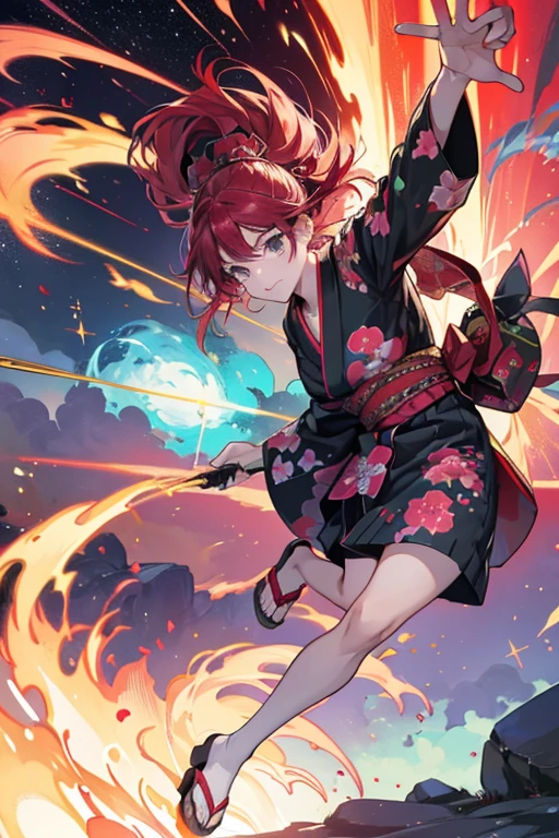 Asuka has an unlockable outfit consisting of a teal yukata with red lining, tiger designs surrounded by swirling magenta clouds, and a light green ogre design holding a spiked club on the back left side. With this, she wears a black and red checkered obi with floral designs within each red square, and black, heeled sandals with a gold line along the outside, tied with red rope. SPARKLE; GLITTER