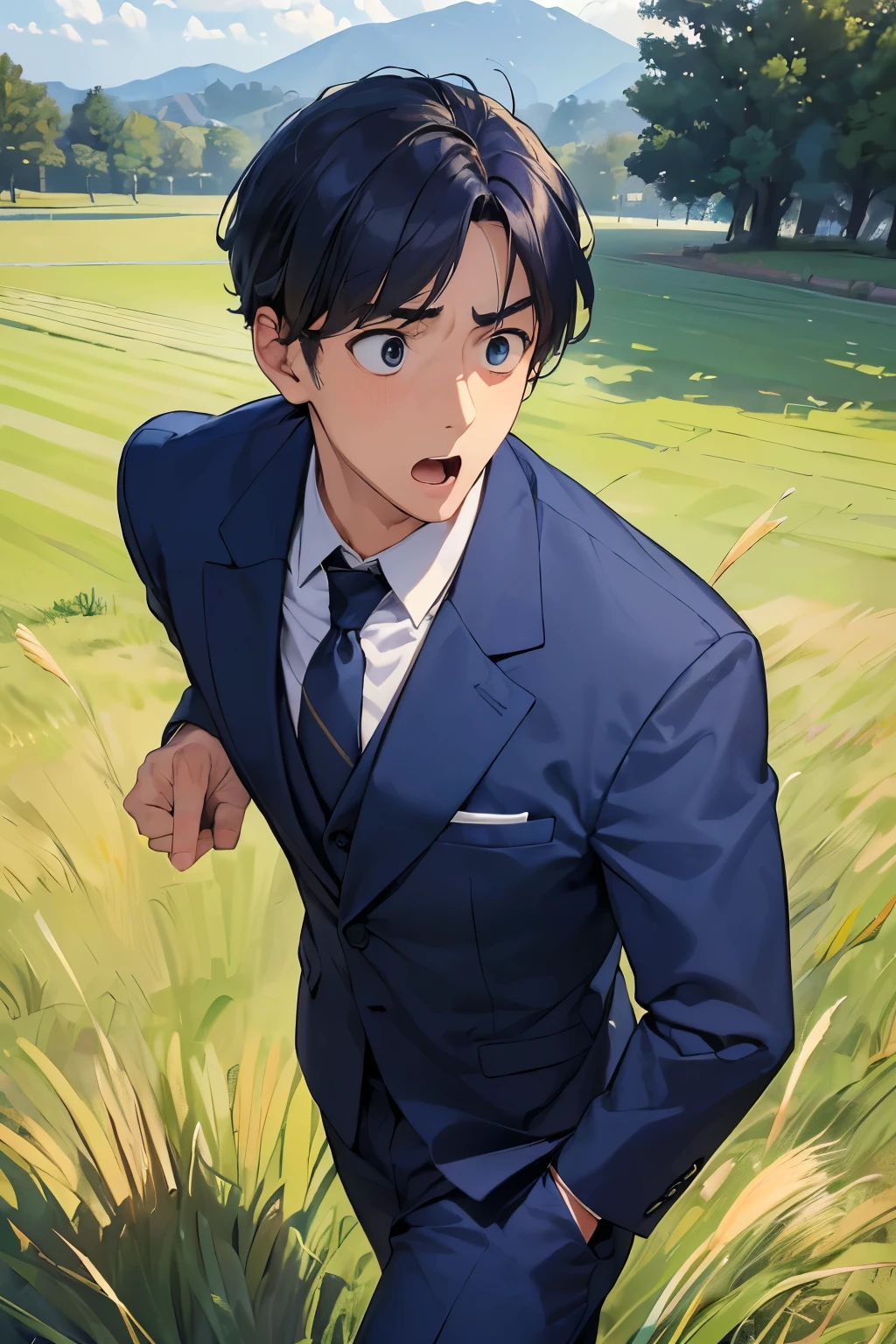 ((best quality)), ((masterpiece)), ((detailed)), (((perfect face))), (((30yo man in navy blue suit))), (((surprised:1.5))), (((grass field))), (((walking))), (((big wide eyes)))