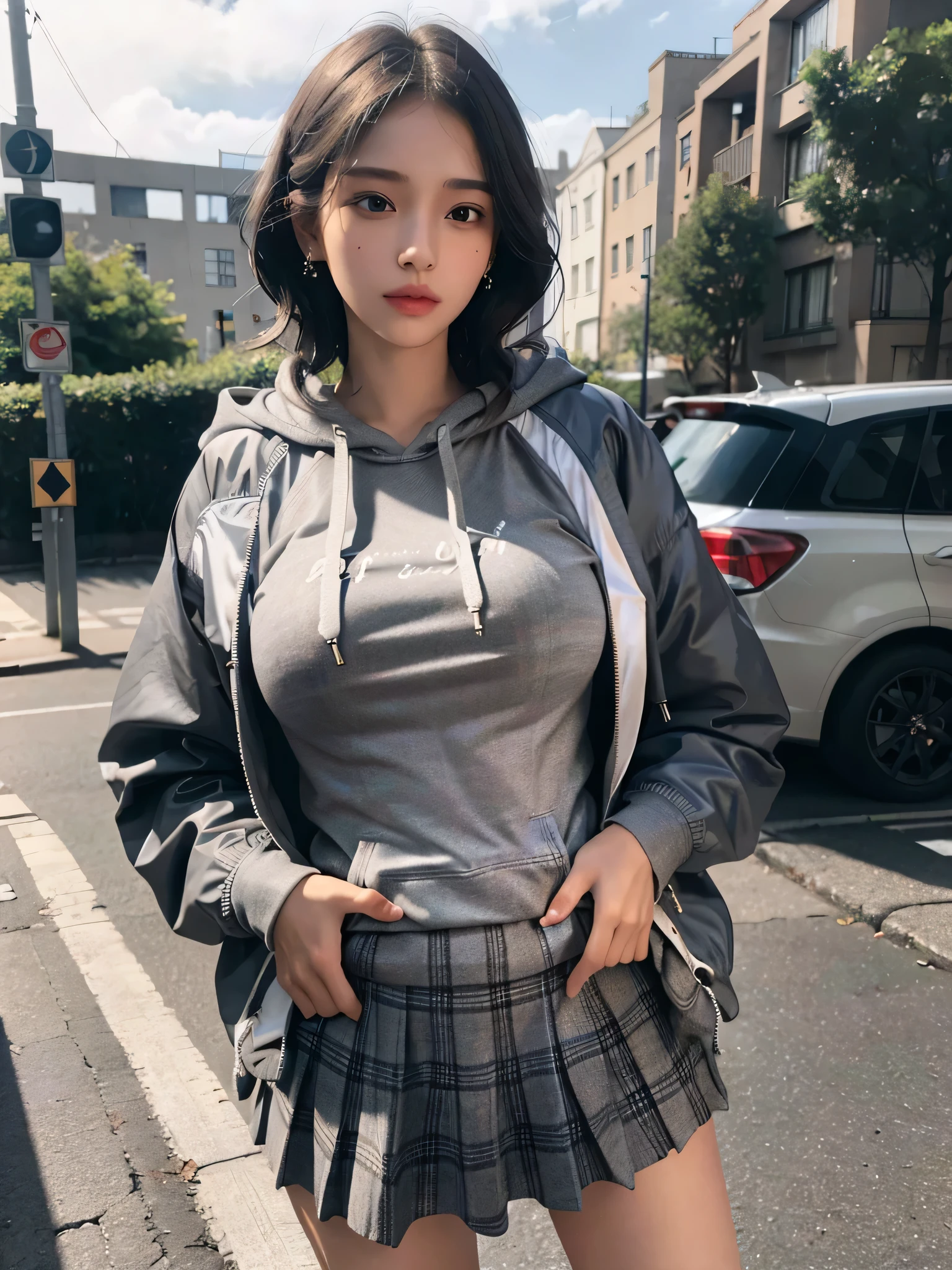 absurdres, RAW photo, extremely delicate and beautiful, masterpiece, Best Quality, ultra high resolution, 32k, hyperrealistic, ultra-detailed, perfect anatomy, perfect figure, super Detailed skin, 20 years old, very Slim body, narrow waist, very small head, very small face, delicate facial features, tearful mole, earring, thin legs, bare legs, ((very huge round breasts)), short medium hair, braid hair, ((wavy hair)), wet clothes, ((hoodie jacket, Grey plaid skirt)),