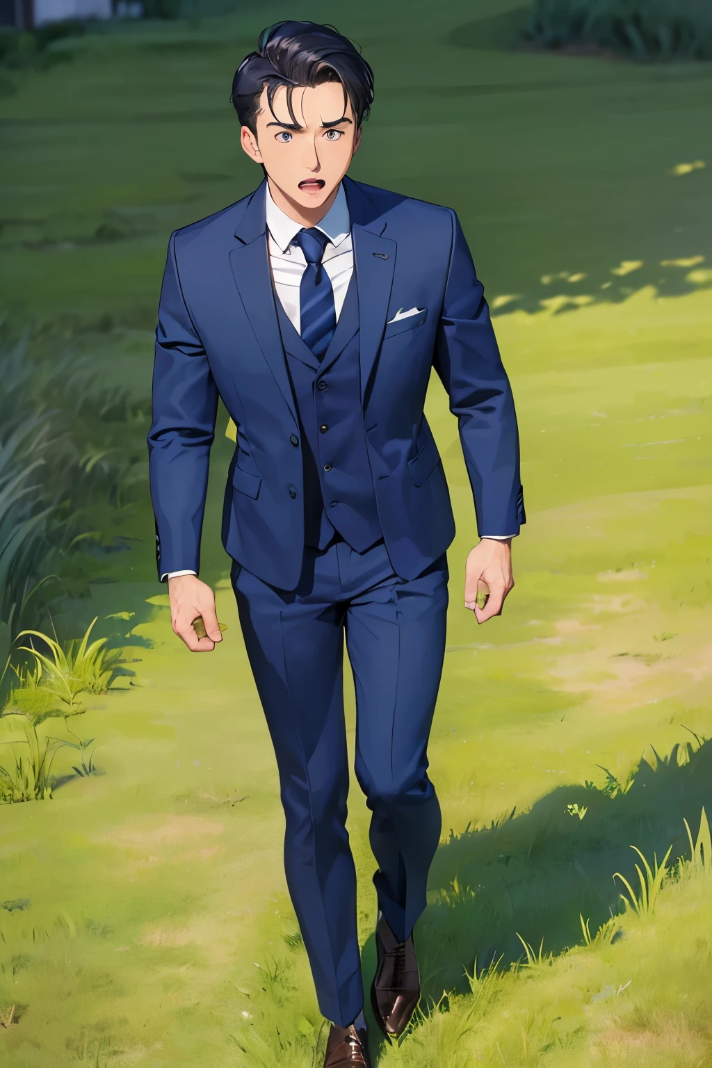 ((best quality)), ((masterpiece)), ((detailed)), (((perfect face))), (((30yo man in navy blue suit))), (((surprised:1.5))), (((grass field))), (((walking))), (((big wide eyes)))