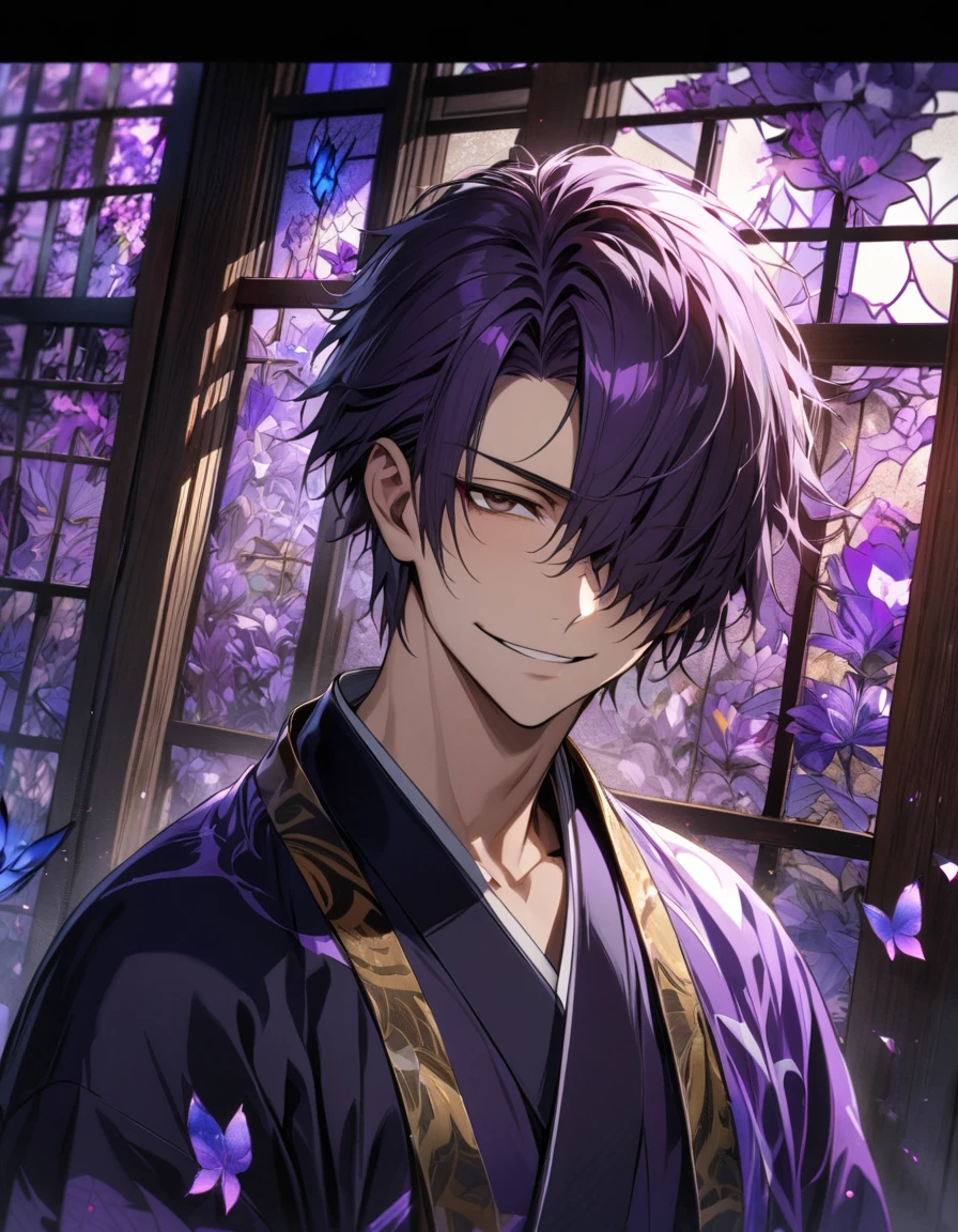 absurdres, highres, ultra detailed, HDR, master piece, best quality, Takasugi Shinsuke, dark purple hair, short hair, expressive brown eyes, hair over his left eye, Gintama, smirk, solo, man, handsome, kimono, glass stained window, purple shining butterflies, purple lilies, purple petals