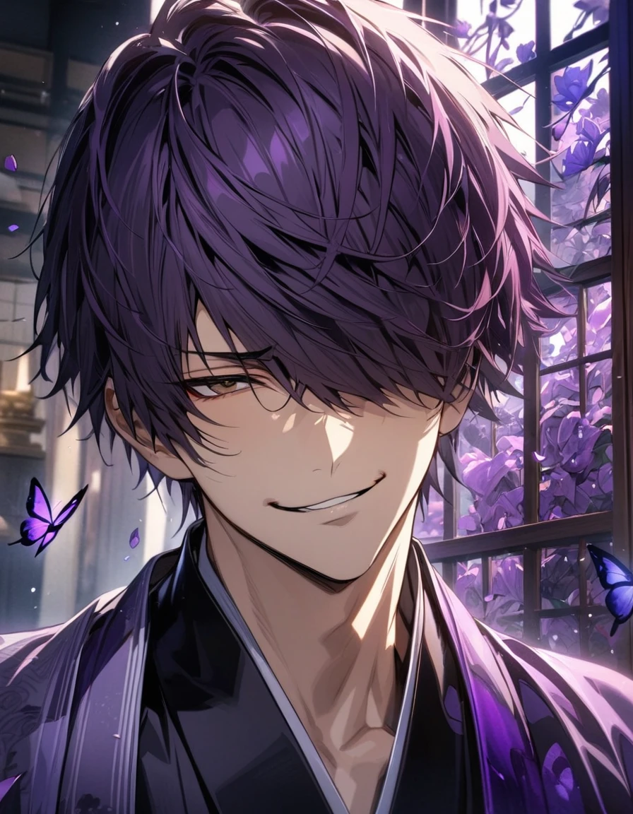 absurdres, highres, ultra detailed, HDR, master piece, best quality, Takasugi Shinsuke, dark purple hair, short hair, expressive brown eyes, hair over his left eye, Gintama, smirk, solo, man, handsome, kimono, glass stained window, purple shining butterflies, purple lilies, purple petals