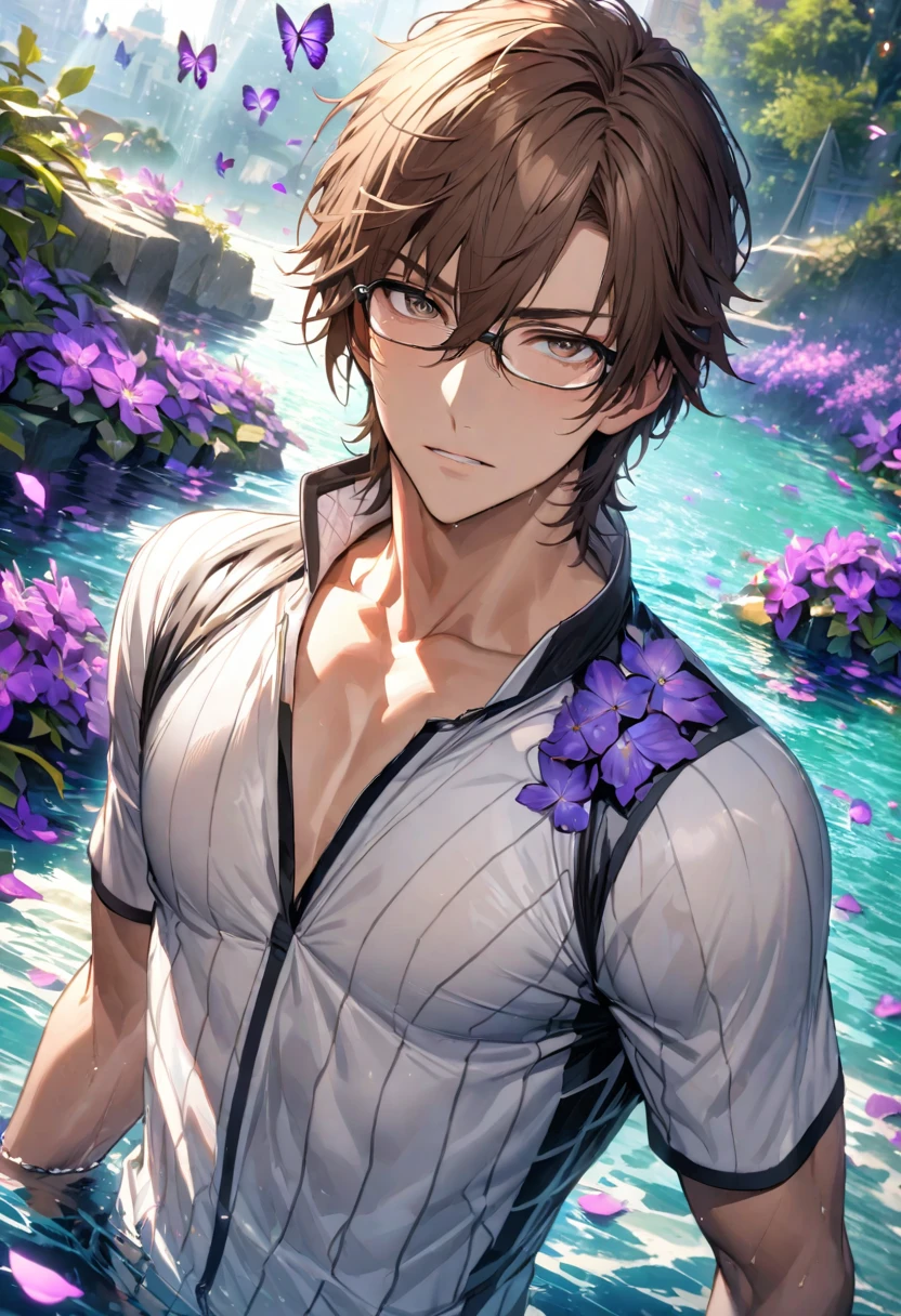 Ultra detailed, Highres, absurdres, HDR, Tezuka Kunimitsu, brown hair with bangs, hair between the eyes, expressive brown eyes, glasses, white tennis uniform patterns, Prince Of Tennis, purple flowers, petals, extremely handsome, sexy man, toned chest, solo, very detailed eyes and face, water, purple butterflies, white tight T-shirt