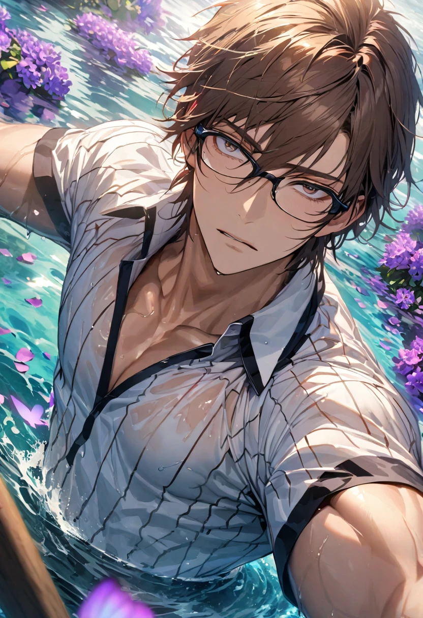 Ultra detailed, Highres, absurdres, HDR, Tezuka Kunimitsu, brown hair with bangs, hair between the eyes, expressive brown eyes, glasses, white tennis uniform patterns, Prince Of Tennis, purple flowers, petals, extremely handsome, sexy man, toned chest, solo, very detailed eyes and face, water, purple butterflies, white tight T-shirt