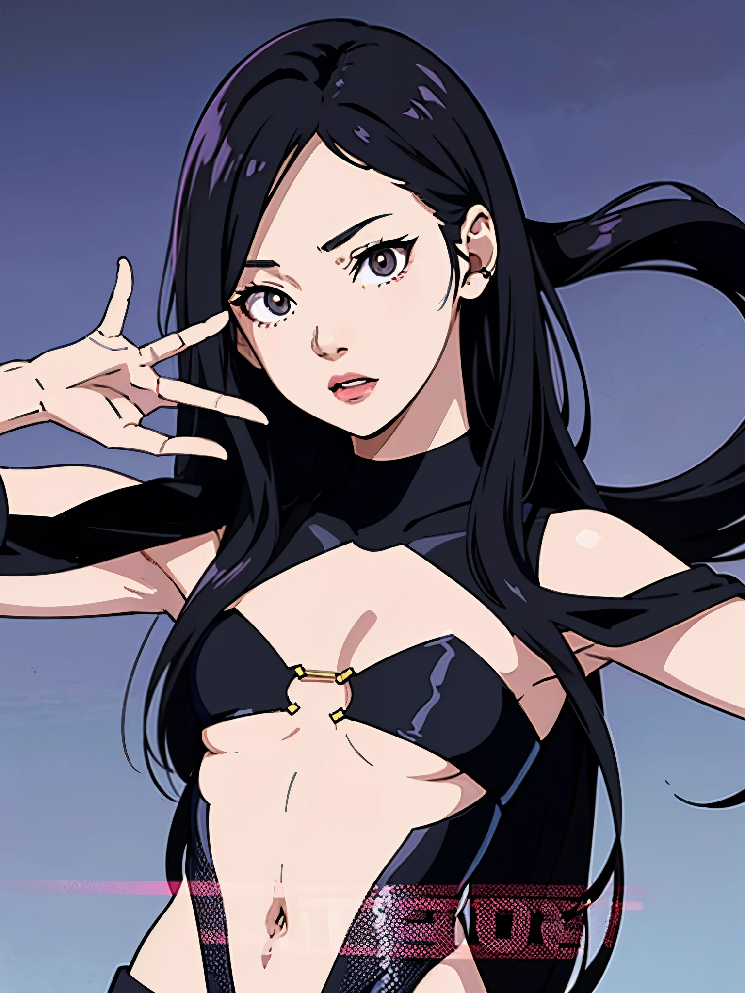 digital art drawing, illustration of (girl, long dark black hair mid part, brown eyes, sexy facial expression, flat chest, light blue corsette, single arm black sleeve, cyberpunk background), anime drawing/art, bold linework, illustration, digital art, masterpiece, flat illustration, no shadows, 8k resolution, high detail, vector art, only anime, perfect eyes, perfect hands, perfect fingers, sharpness, high clarity, medium close up, high fidelity