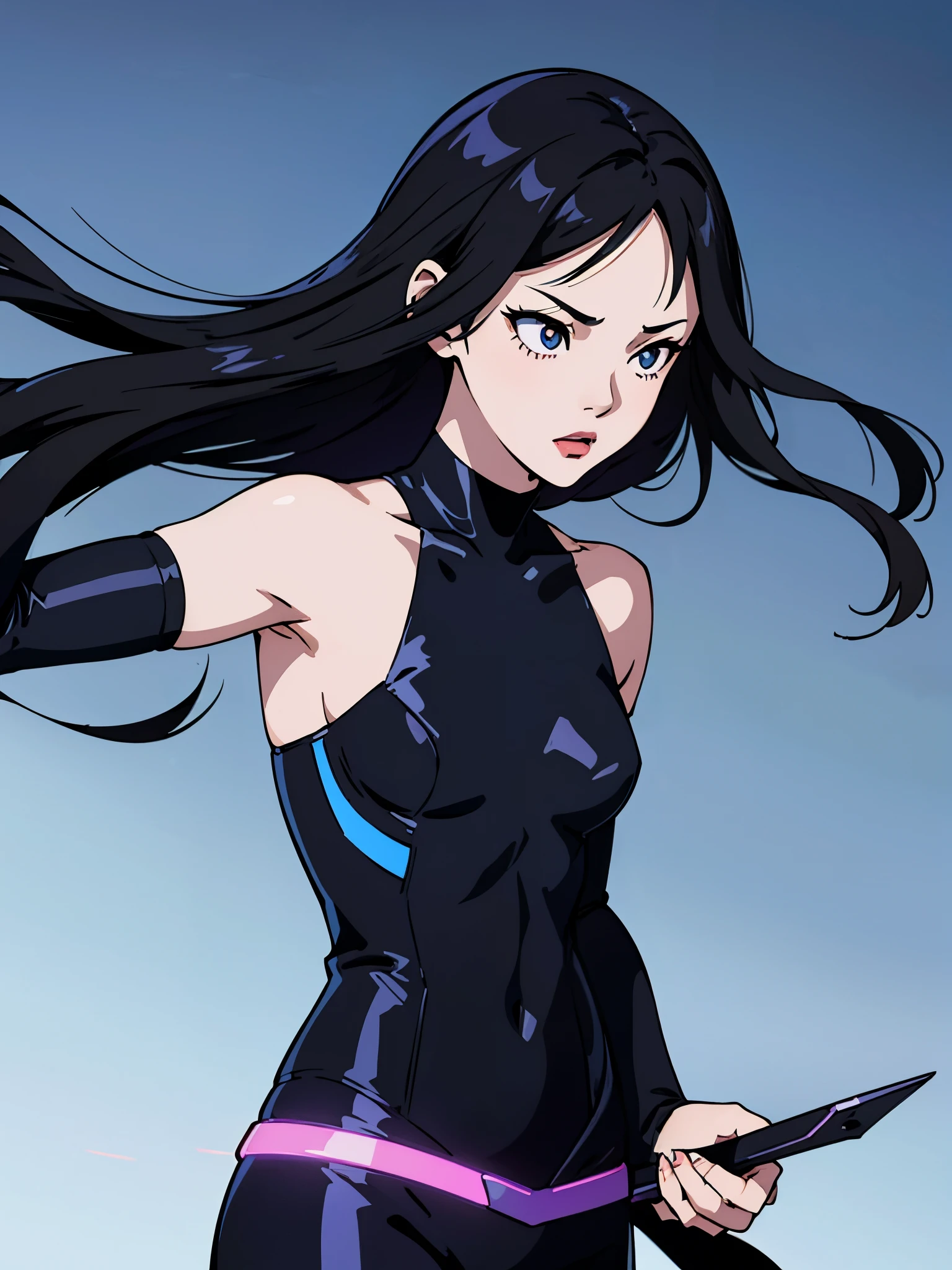 digital art drawing, illustration of (girl, long dark black hair mid part, brown eyes, sexy facial expression, flat chest, light blue corsette, single arm black sleeve, cyberpunk background), anime drawing/art, bold linework, illustration, digital art, masterpiece, flat illustration, no shadows, 8k resolution, high detail, vector art, only anime, perfect eyes, perfect hands, perfect fingers, sharpness, high clarity, medium close up, high fidelity