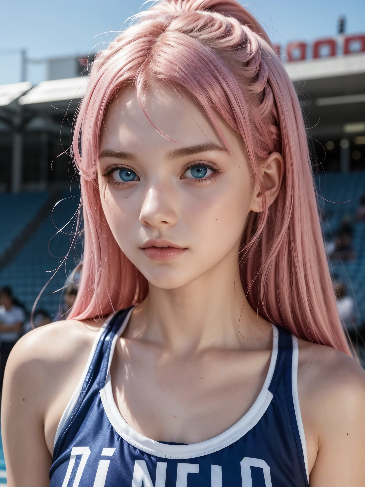 Hot girl, pink hair, blue eyes, cheerleader