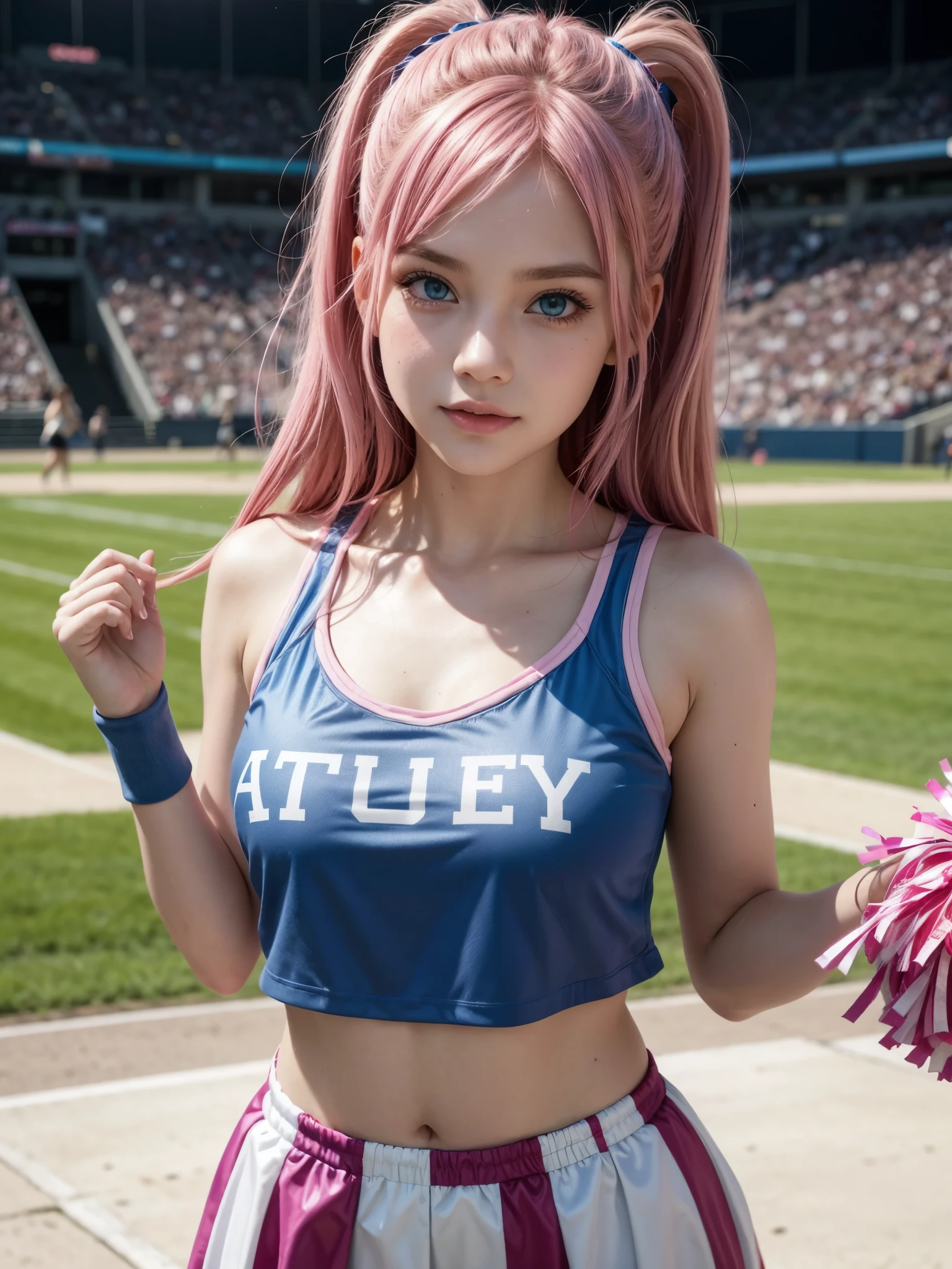 Hot girl, pink hair, blue eyes, cheerleader