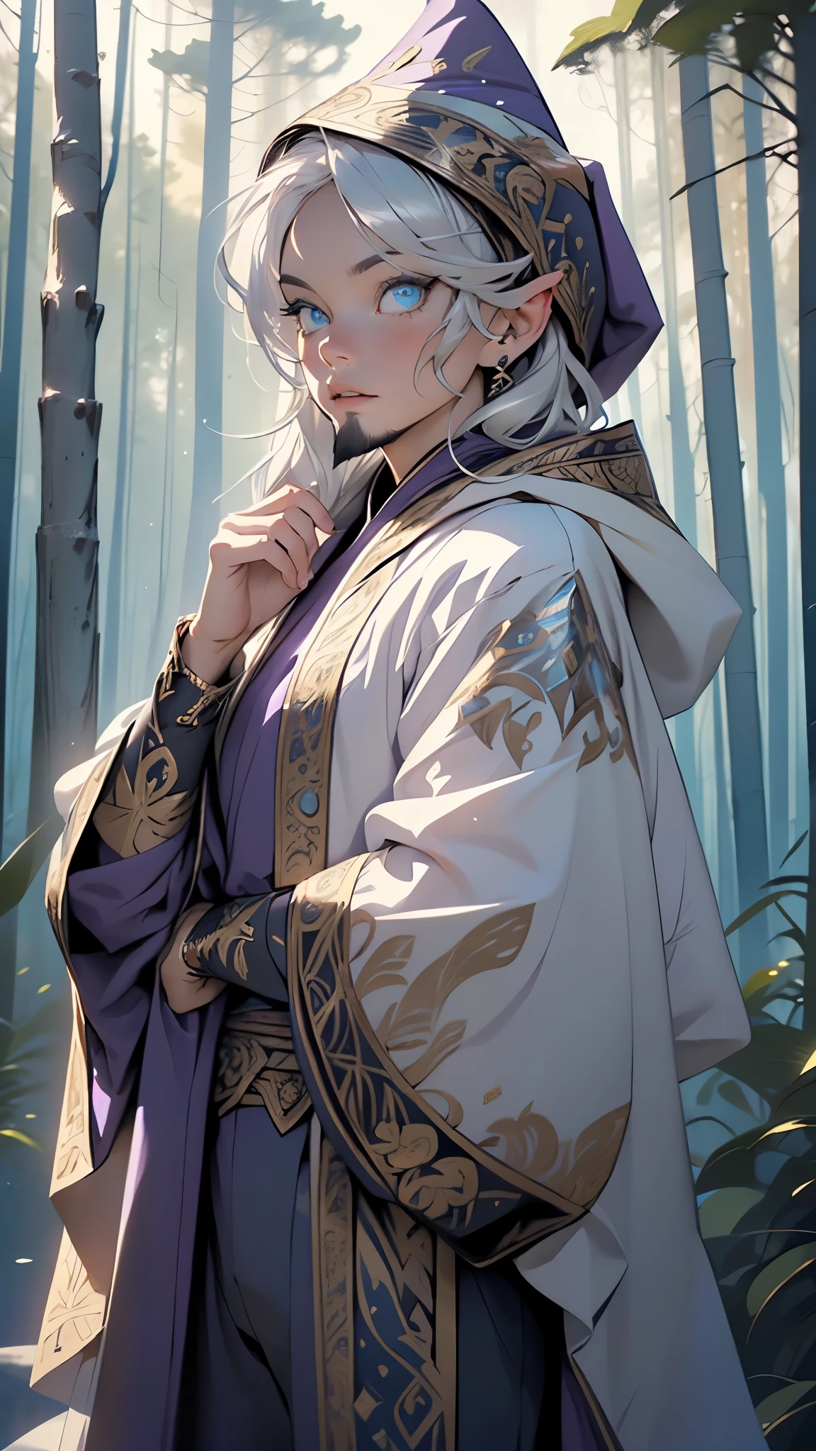 ((wizard merlin:1.5)),((extremely old with beard)),(long silver hair,silver hair),(silver long beard,facial hair, beard,silver mustache),((only)),old,((blue_eyes:1.3))),intricate eyes,beautiful detailed eyes,symmetrical eyes, old face,wise,((detailed face)),
beautiful detailed glow, glowing, luminescent, sparkles, glitter, light particles
((astronomer,Wizard in a purple robe, in dark purple robe)),hood,hood up,wide sleeves, long sleeves,wearing a wizard's robe,((bulge in pants)),(((intricate outfit,intricate clothes,ornate outfit)))
(dynamic pose:1.0),(centered,scale to fit dimensions,Rule of thirds),
((pine forest)),scenery:1.25,((intricate scenery)),((forest background)),
(Glossy magic ornaments),highres,sharp focus,(ultra detailed,extremely detailed),(photorealistic artwork:1.37),(extremely detailed CG unity 8k wallpaper),(((vibrant colors,vibrant theme))),(intricate),(masterpiece),(best quality),artistic photography,(photography taken by sldr),(intricate background),perfect rendered face,perfect face details,realistic face,photo realistic,((intricate detail)),(((realism))),