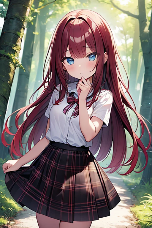 (8k, highest quality, Tabletop:1.2)、Ultra-high resolution、One 10-year-old girl, Detailed face、deep, Beautiful Eyes, blue eyes, Black plaid skirt, Red hair, White panties, in the forest, Pinch the hem of the skirt with both hands