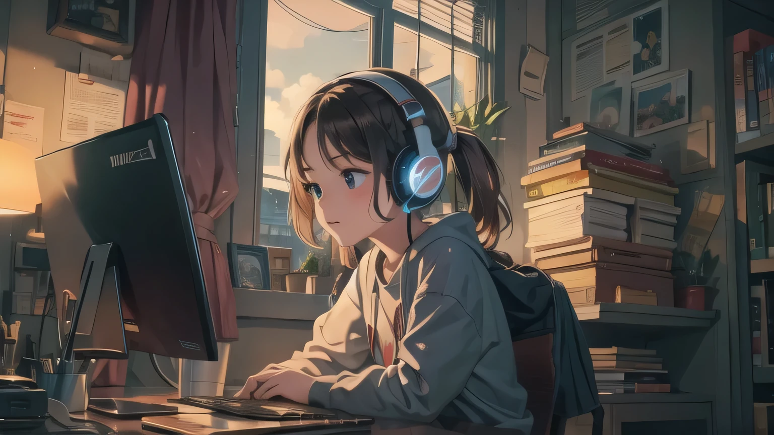 Young girl, Sitting at a desk, Use of gaming headphones, In her room, Do your homework, Next to the window, Dimly lit room, It&#39;s night, Detailed Content, 8k, Lo-Fi Style