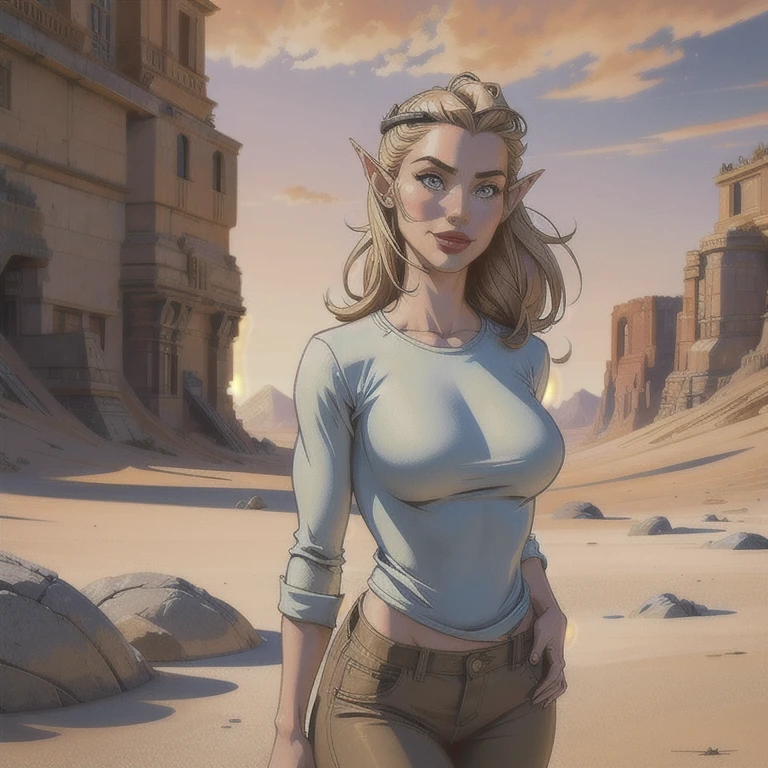 ((best quality)), ((artwork)), ((realistic)), ((best quality)), ((artwork)), ((realistic)), female elf, walking in the desert, looking tired, wear loose clothing Long-sleeved shirts and pants(medieal style), headgear, sunglasses, very handsome, in a natural and casual style at eye level, Scenic, work of art, (high resolution), original, extremely detailed 8K, (photorealistic: 1.4), flawless face, perfect eyes, symmetrical body shape, smile, female elf