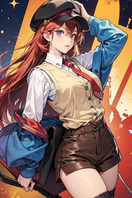 Asuka's new main outfit retains a theme, either being a customized version of a winter outfit or a collegiate outfit. She wears a long, sky-blue sweater vest fastened at the left and right sides with two gold buttons over an oversized, white, long-sleeved button-up shirt with brown leather sleeve garters on each sleeve just above the large cuffs. These cuffs have two maroon squares of fabric on the hem, matching the two maroon straps with gold buckles on her upper arms and the singular strap on the back of her shirt collar. Both the shirt and the sweater vest reach Asuka's upper thighs in length and are split at the sides starting from her hip. Underneath this, Asuka wears short dark blue shorts with red designs and black straps at the hem, sky blue crew socks that have two red stripes at the top paired with brown leather sock garters, and brown high-heeled short boots with leather tassels and a long leather fringe. She also wears a pair of brown, leather, fingerless gloves with red straps underneath, a maroon tie with a gold tie clip shaped like a swallow, and a sky blue flat cap with two maroon flaps on the side connected to the hat with gold buttons. SPARKLE; GLITTER
