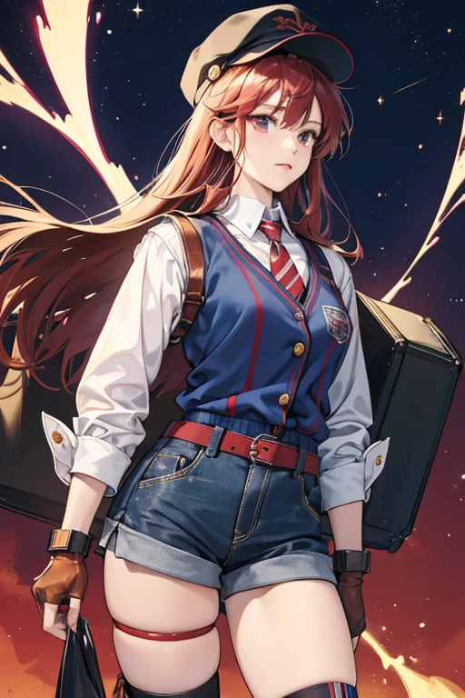 Asuka's new main outfit retains a  theme, either being a customized version of a winter outfit or a collegiate outfit. She wears a long, sky-blue sweater vest fastened at the left and right sides with two gold buttons over an oversized, white, long-sleeved button-up shirt with brown leather sleeve garters on each sleeve just above the large cuffs. These cuffs have two maroon squares of fabric on the hem, matching the two maroon straps with gold buckles on her upper arms and the singular strap on the back of her shirt collar. Both the shirt and the sweater vest reach Asuka's upper thighs in length and are split at the sides starting from her hip. Underneath this, Asuka wears short dark blue shorts with red designs and black straps at the hem, sky blue crew socks that have two red stripes at the top paired with brown leather sock garters, and brown high-heeled short boots with leather tassels and a long leather fringe. She also wears a pair of brown, leather, fingerless gloves with red straps underneath, a maroon tie with a gold tie clip shaped like a swallow, and a sky blue flat cap with two maroon flaps on the side connected to the hat with gold buttons. SPARKLE; GLITTER