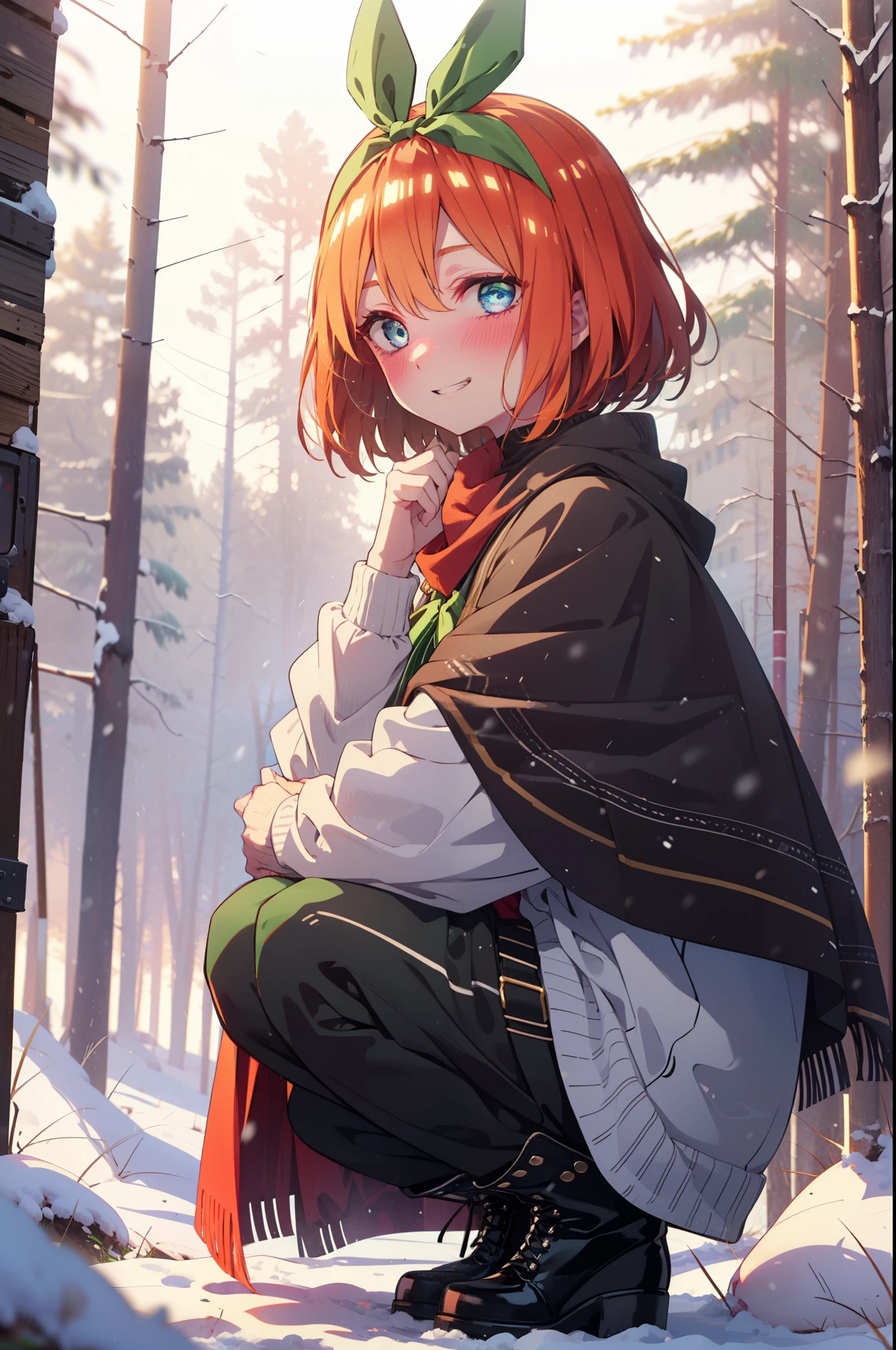 yotsubanakano, Yotsuba Nakano, bangs, short hair, blue eyes, Hair between the eyes, hair ribbon, hair band, Orange Hair, (Green ribbon:1.5), smile, Grin,smile,blush,White Breath,
Open your mouth,snow,Ground bonfire, Outdoor, boots, snowing, From the side, wood, suitcase, Cape, Blurred, Increase your meals, forest, White handbag, nature,  Squat, Mouth closed, フードed Cape, winter, Written boundary depth, Black shoes, red Cape break looking at viewer, Upper Body, whole body, break Outdoor, forest, nature, break (masterpiece:1.2), highest quality, High resolution, unity 8k wallpaper, (shape:0.8), (Beautiful and beautiful eyes:1.6), Highly detailed face, Perfect lighting, Extremely detailed CG, (Perfect hands, Perfect Anatomy),