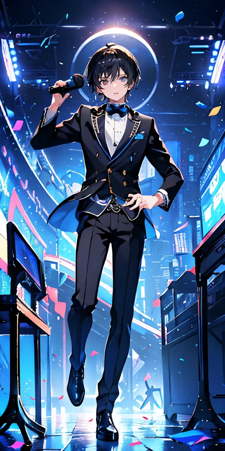 (Mastepiece), (Best Quality), Very detailed, ((1 boy)), Perfect Face, Beautiful Face, Very detailedな顔,((Black Hair_Blue eyes:1.3)),Full body photography、Male solo idol、microphone、Concert Dome、Lots of confetti、smile、Sing with your mouth wide open