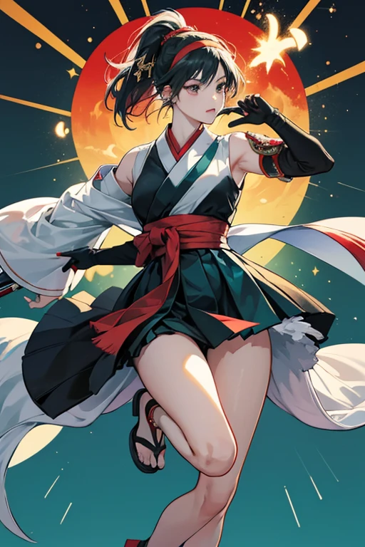 Asuka's third outfit is a slightly altered version of her Tekken 5 Player 1 outfit. She wears black hakama with teal, white, and gold wave patterns around the hem, as well as a swallow design on the bottom of the right leg. Her kosode has a pale green design over the left shoulder and a swallow over the right. With this, she wears a white headband, black and red gloves which wrap down to her elbow, and black, red, and gold foot wraps. SPARKLE; GLITTER